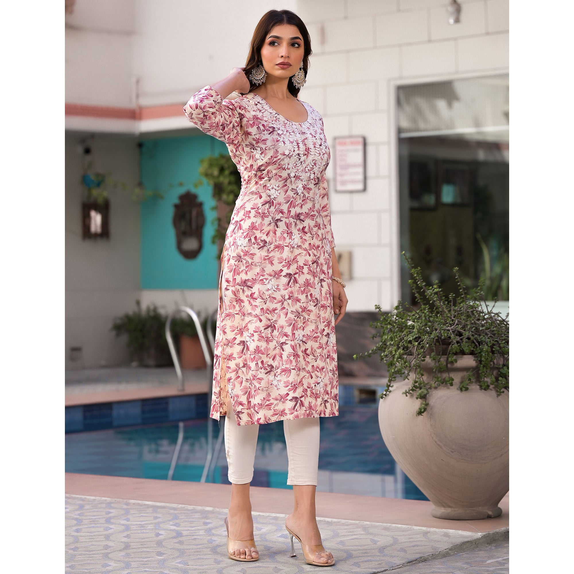 Pink Chikankari Embroidery Rayon Straight Kurti