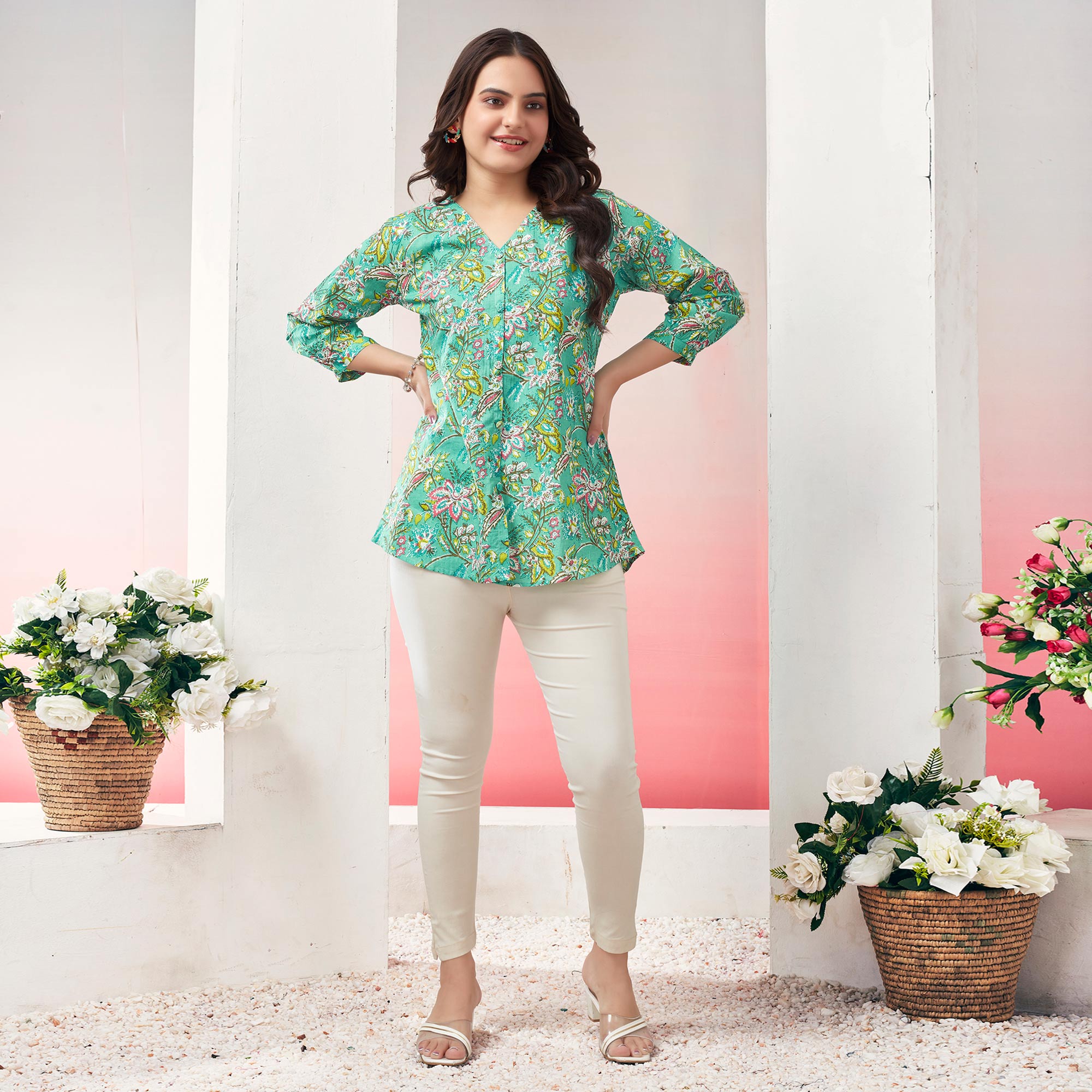 Turquoise Floral Printed Pure Cotton Top