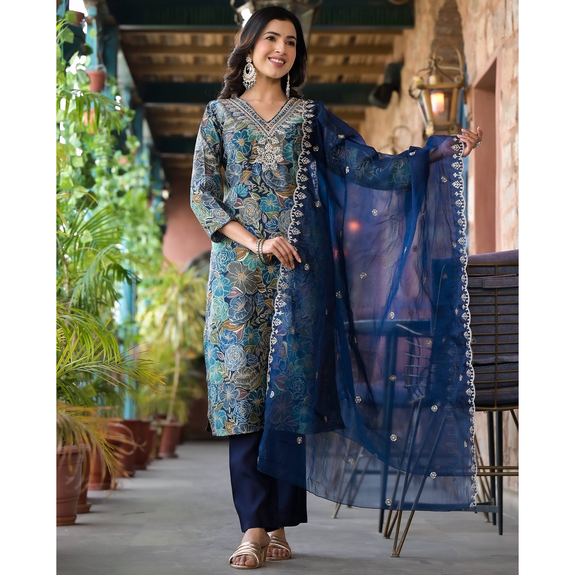 Navy Blue Floral Printed Chanderi Silk Salwar Suit With Sequins Work