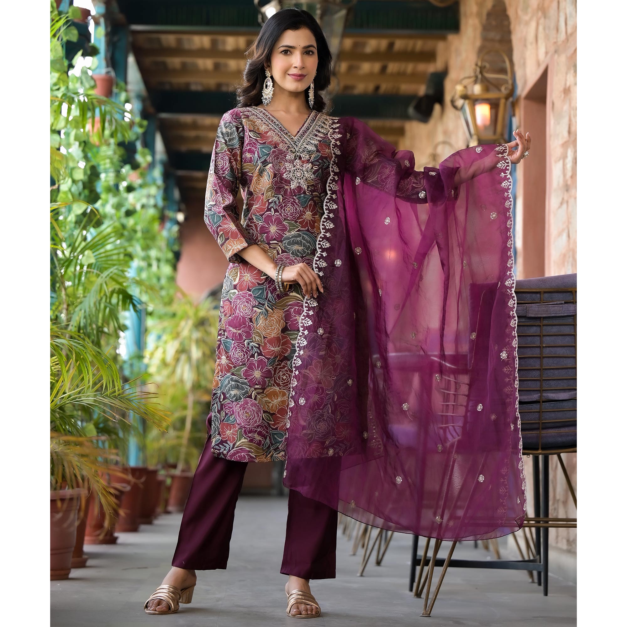 Wine Floral Printed Chanderi Silk Salwar Suit With Sequins Work