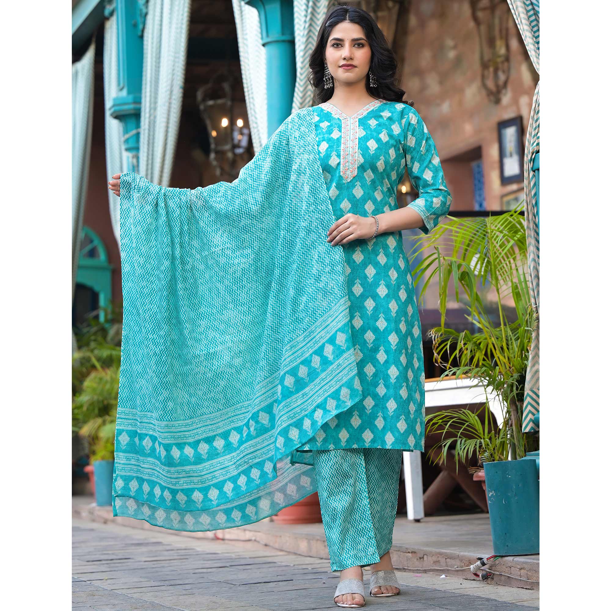 Turquoise Printed Pure Cotton Salwar Suit With Handcrafted