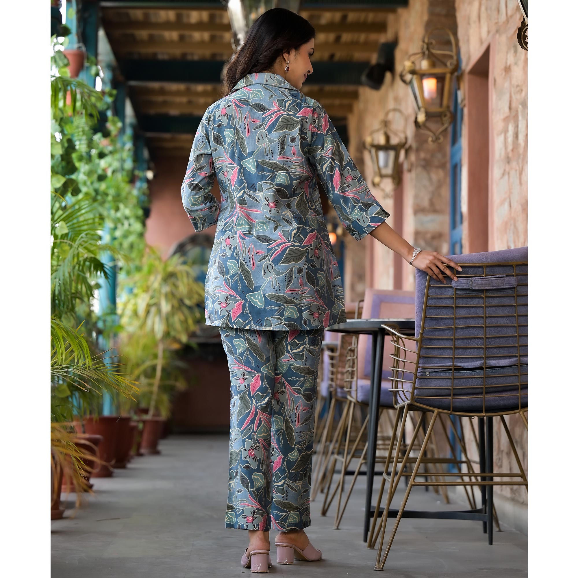 Denim Blue Floral Printed Chanderi Silk Co-Ord Sets With Handcrafted