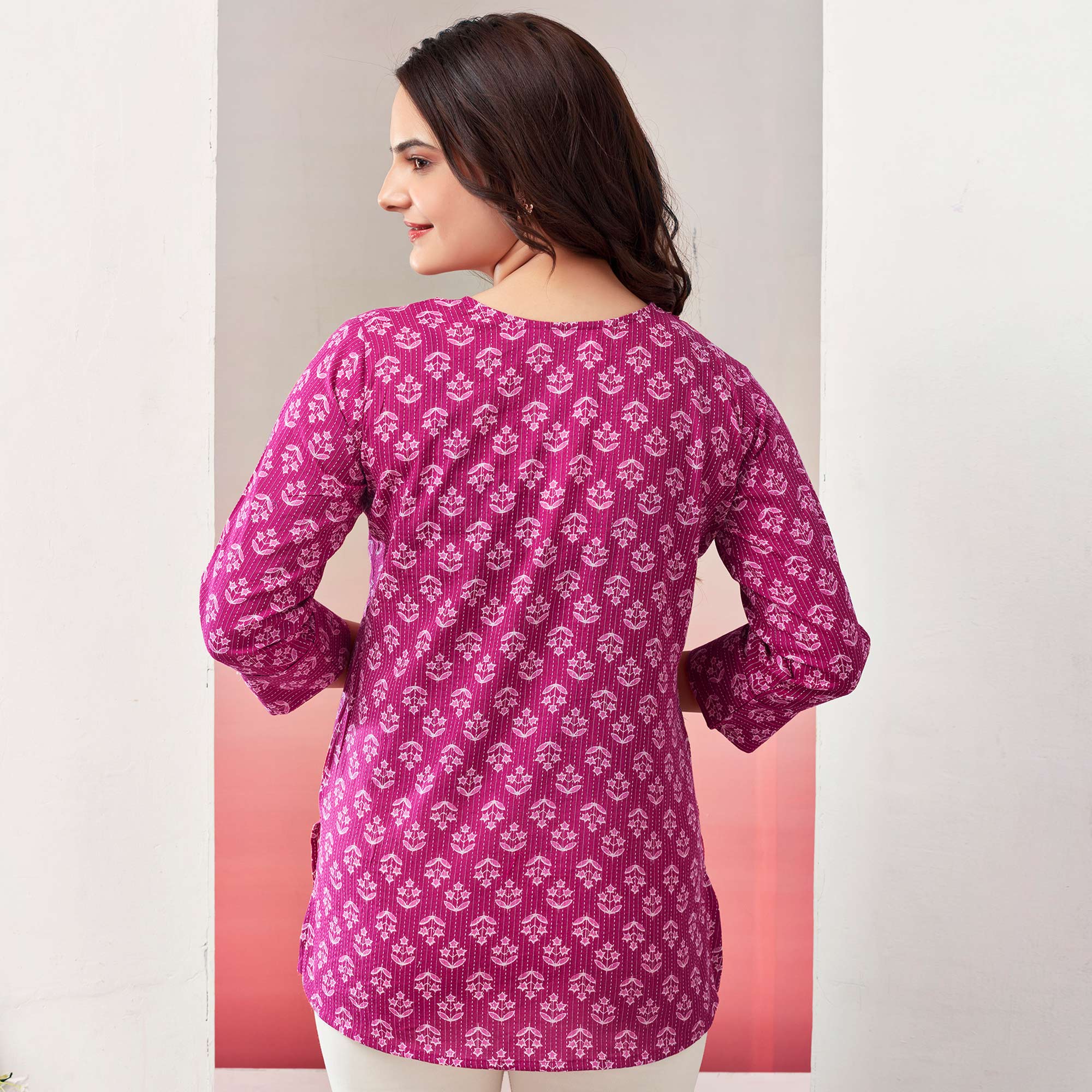 Pink Printed Pure Cotton Straight Top
