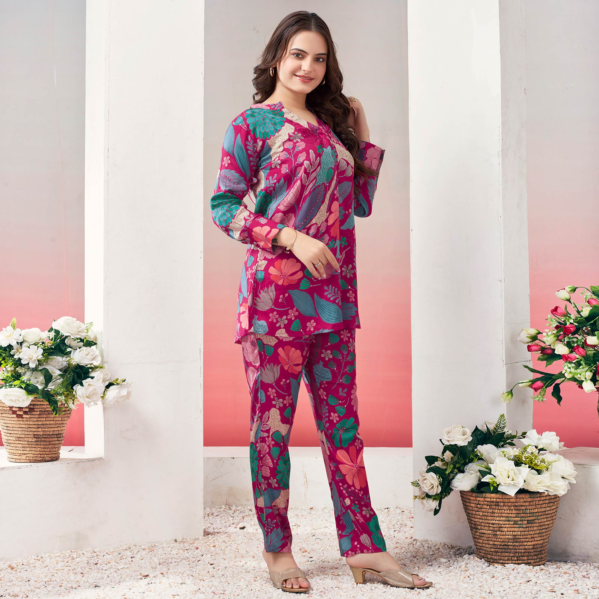Pink Floral Printed Muslin Co Ord Set