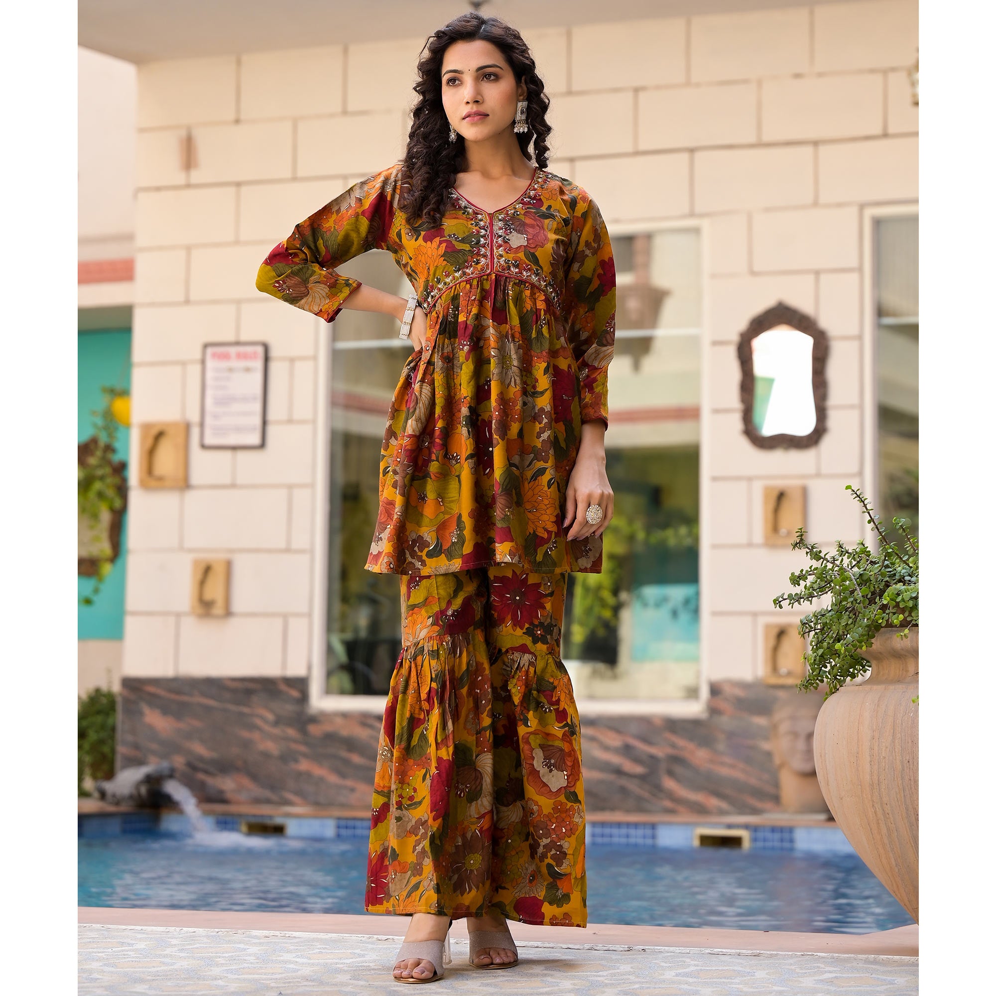 Mustard Floral Foil Printed Chanderi Silk Sharara Suit