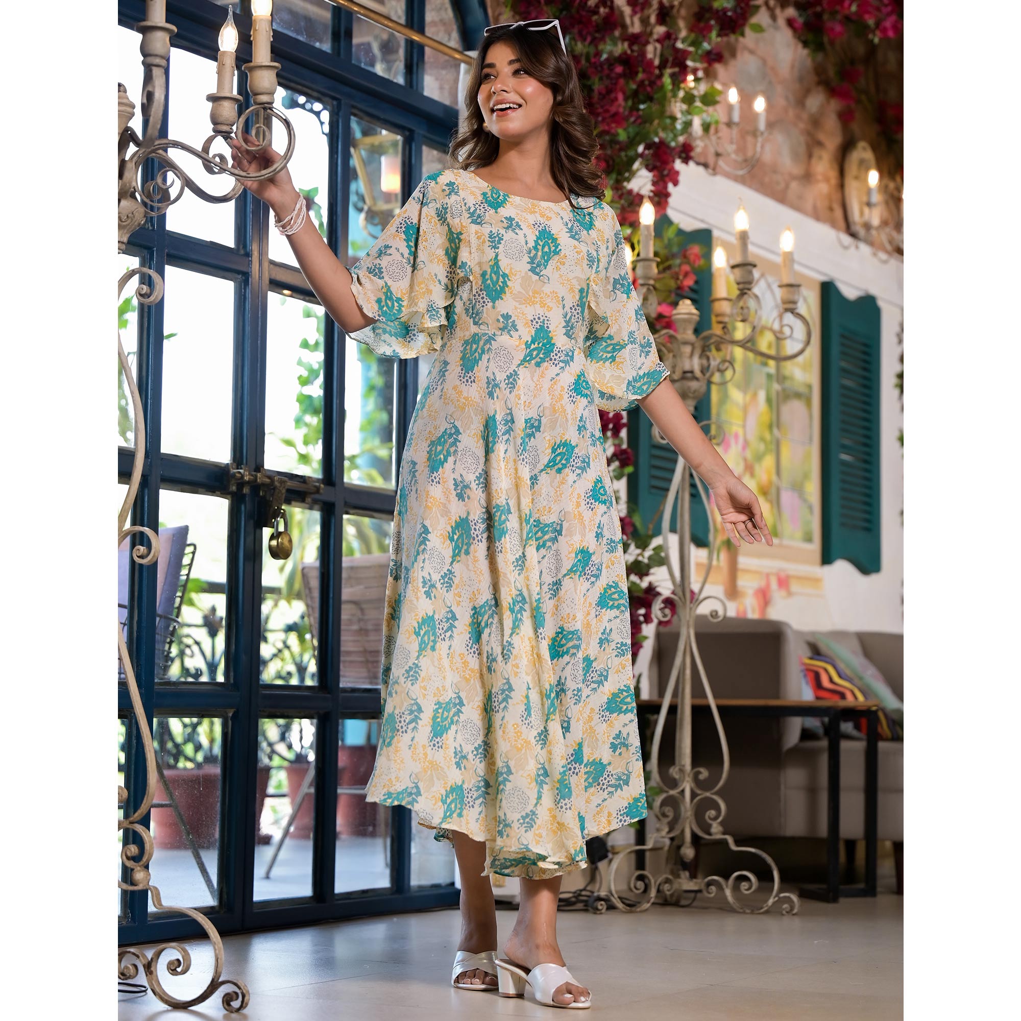 Off White Floral Printed A-Line Chiffon Dress