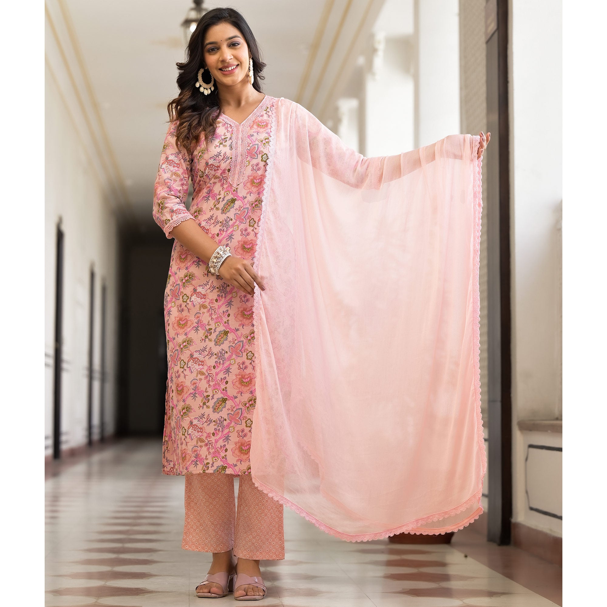 Baby Pink Floral Printed Pure Cotton Straight Salwar Suit