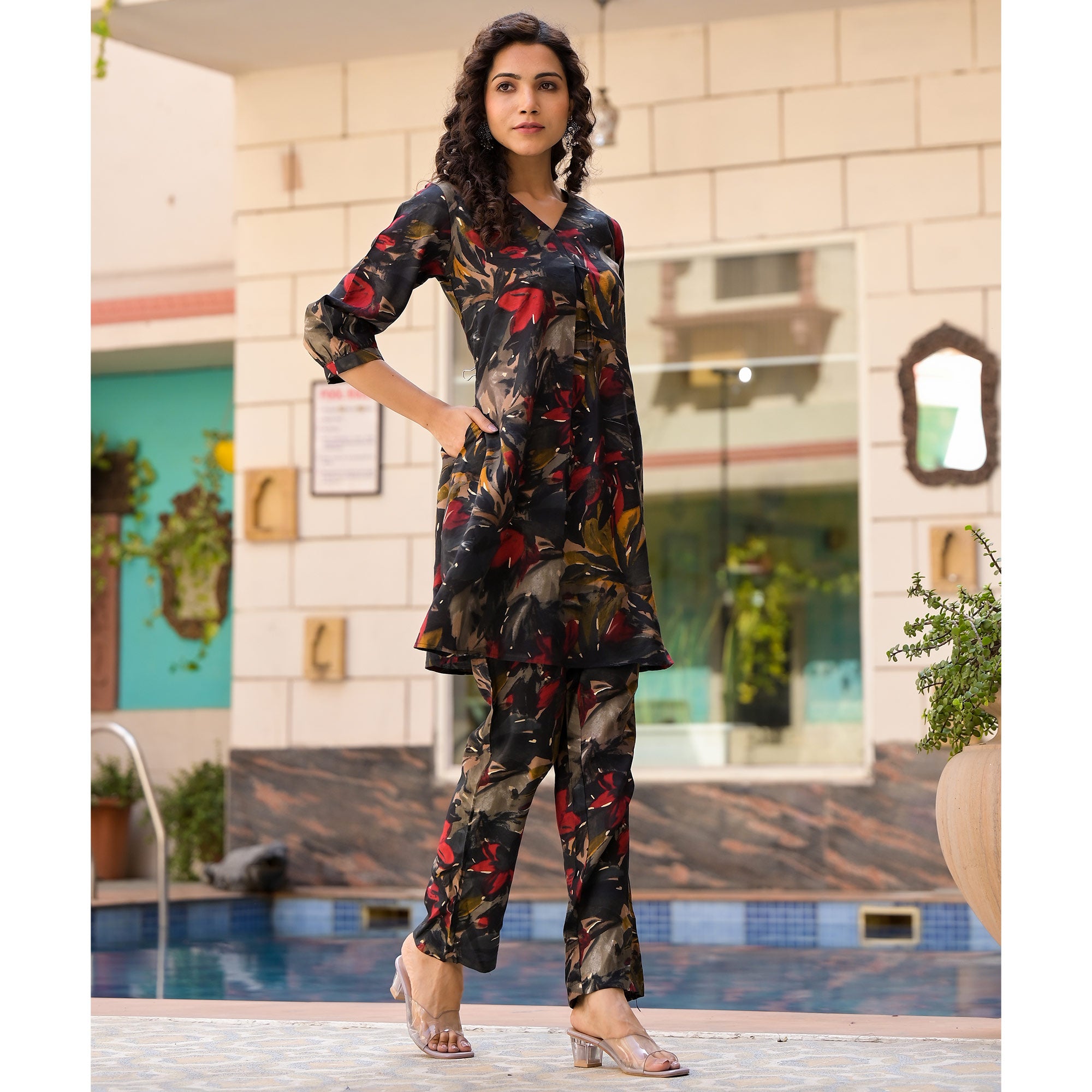 Black Floral Printed Chanderi Silk Co Ord Set