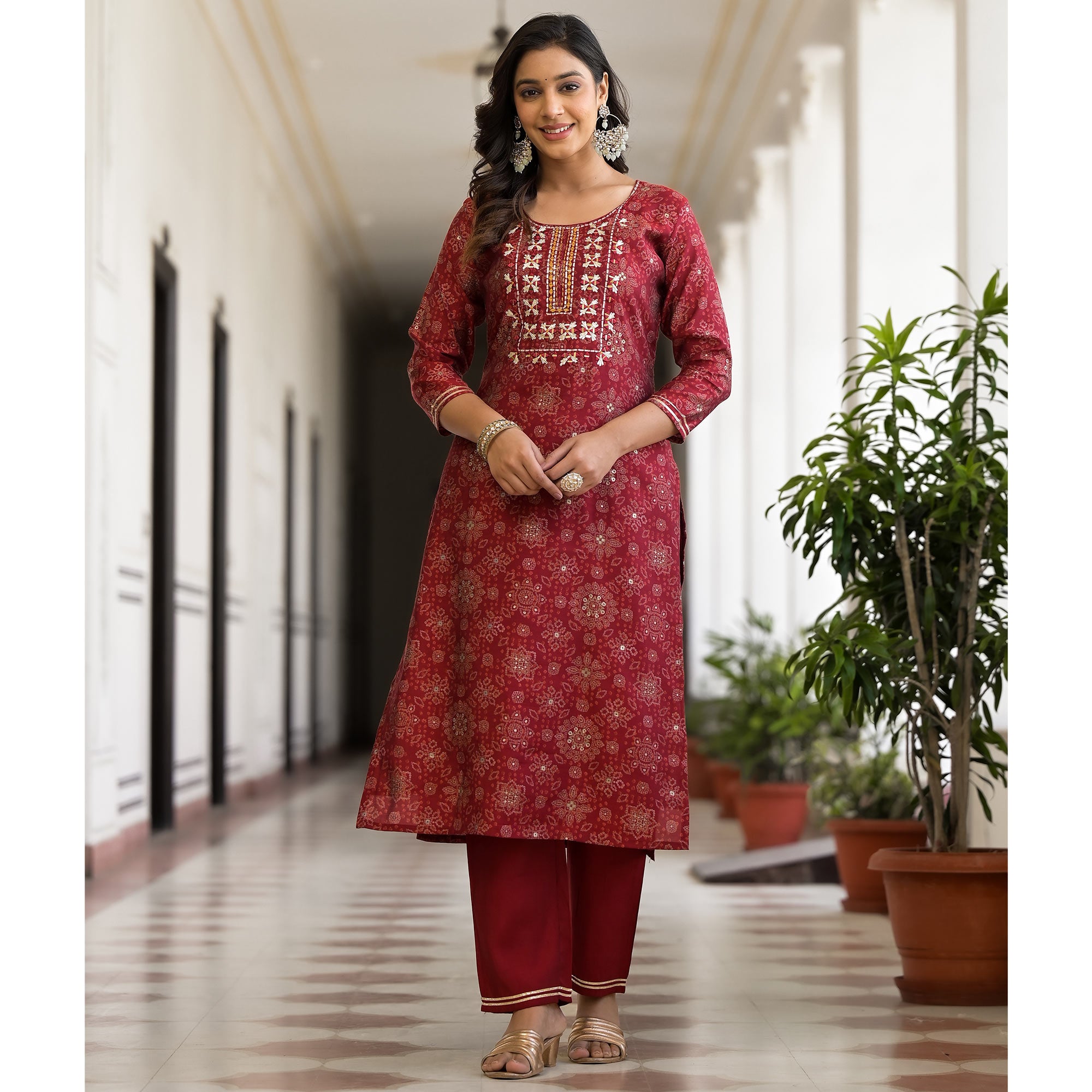 Red Bandhani Printed Chanderi Silk Straight Salwar Suit