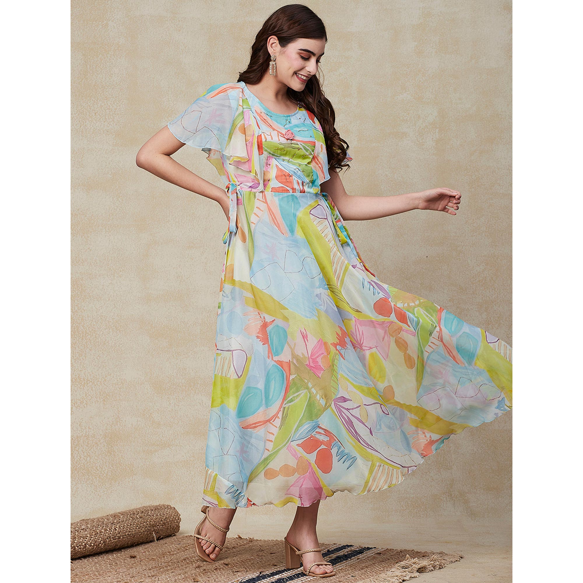 Sky Blue Printed A-Line Flared Maxi Dress