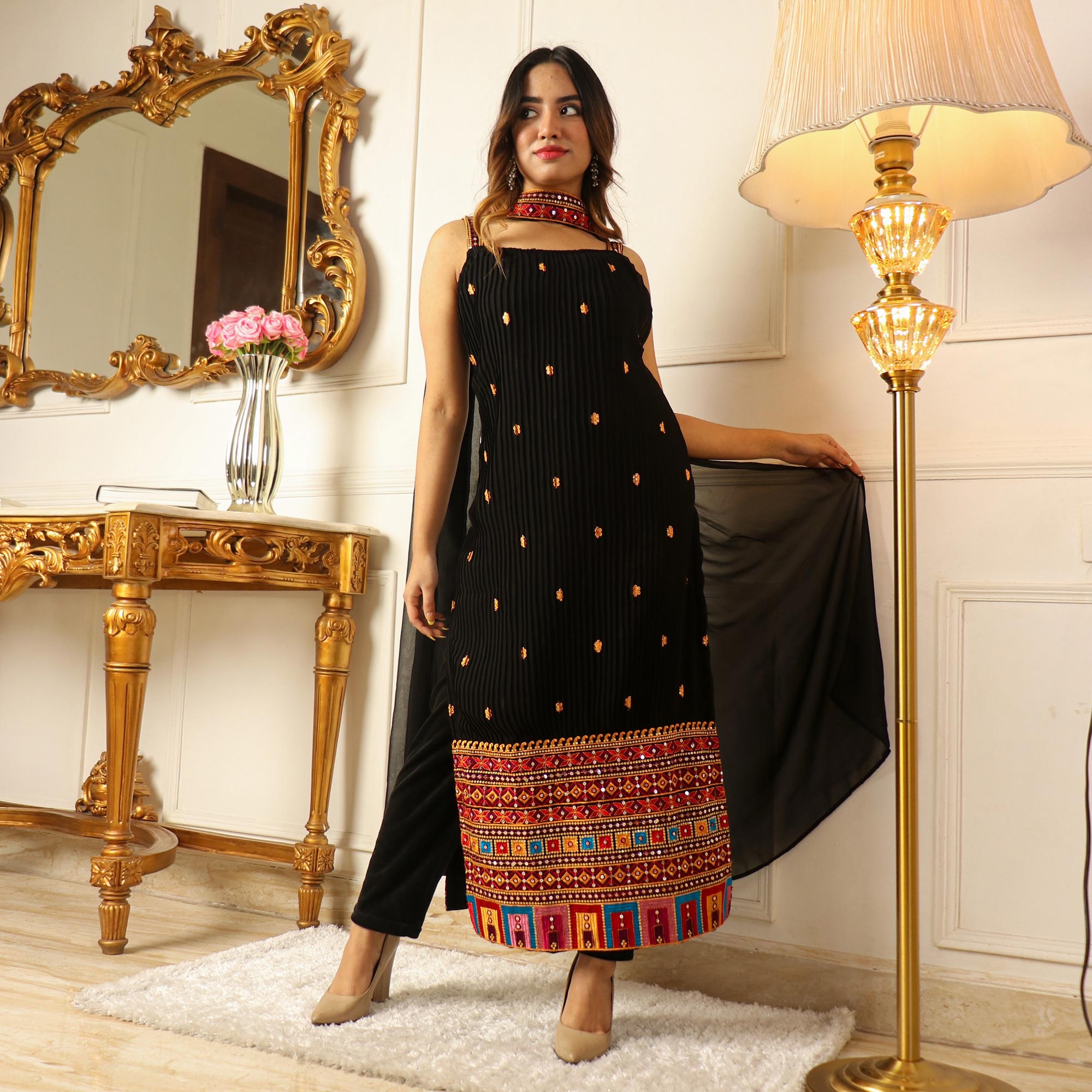 Black Sequins Embroidered Georgette Suit