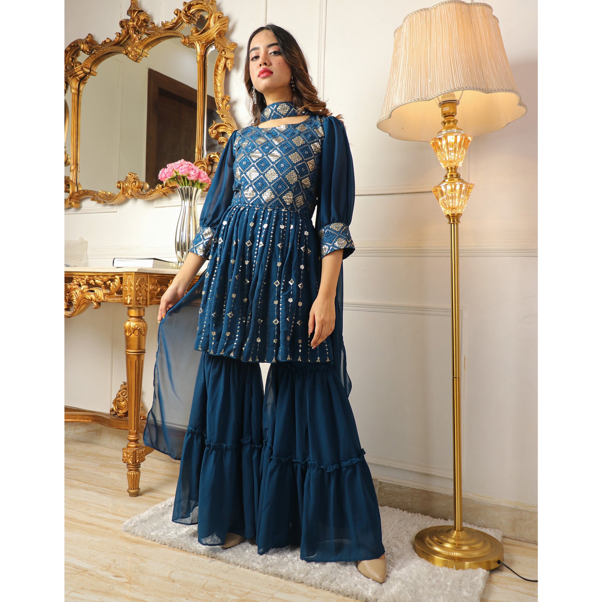 Blue Sequins Embroidered Georgette Sharara Suit