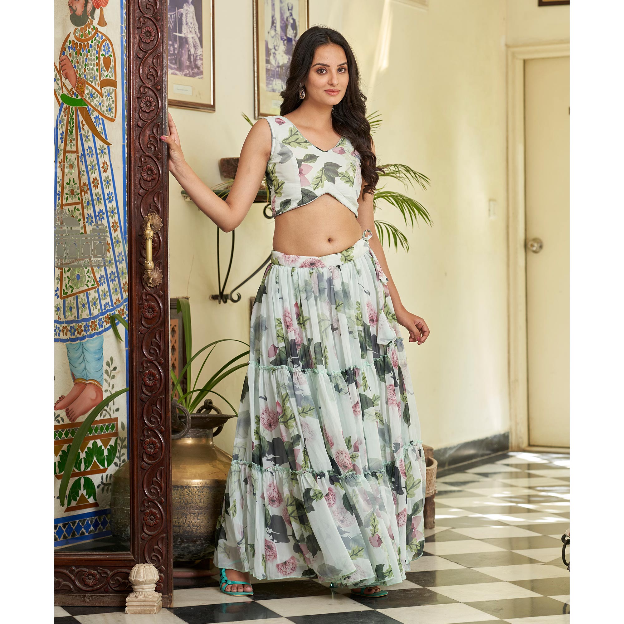 Green & White Floral Printed Georgette Crop Top Lehenga