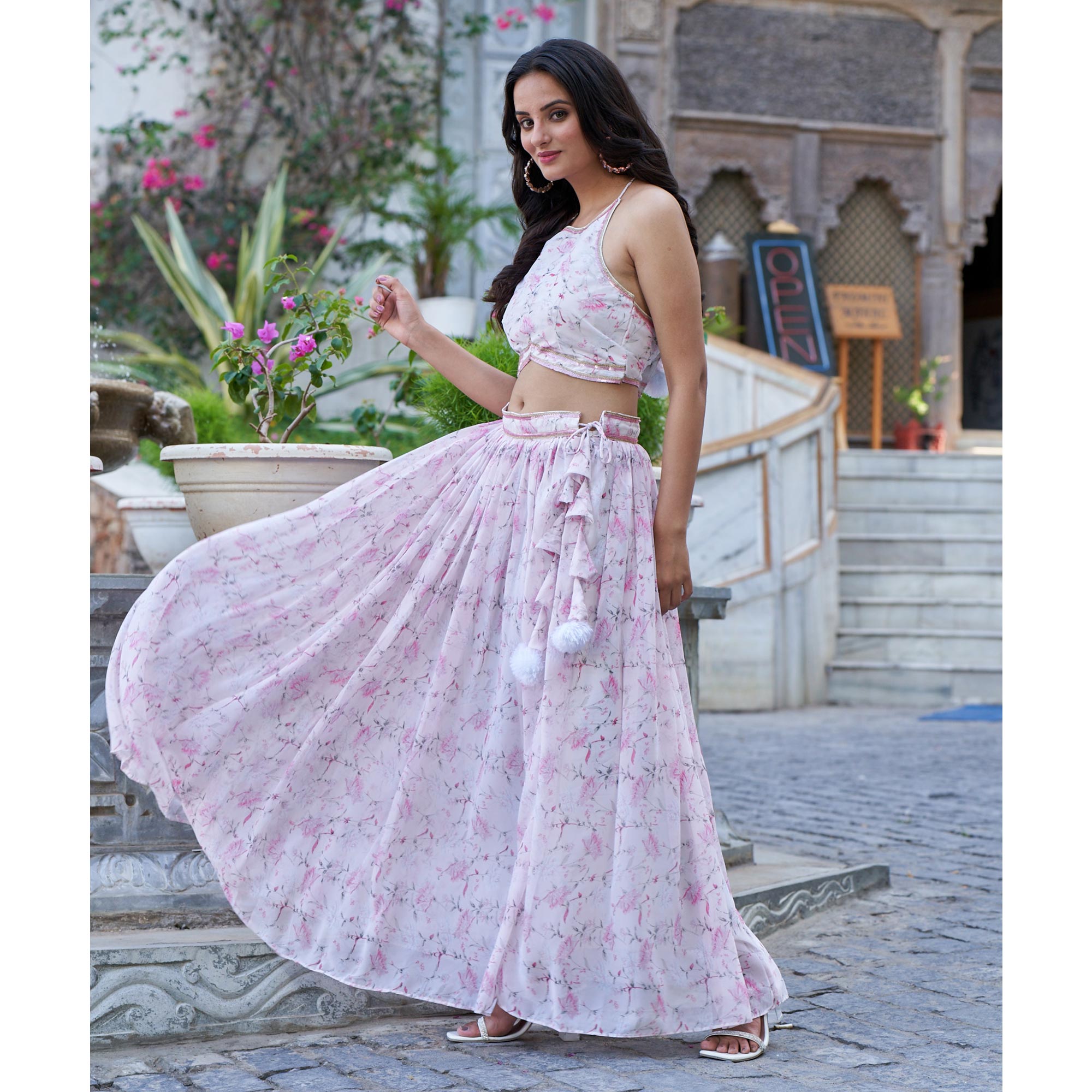 Pink & White Floral Printed Georgette Crop Top Lehenga