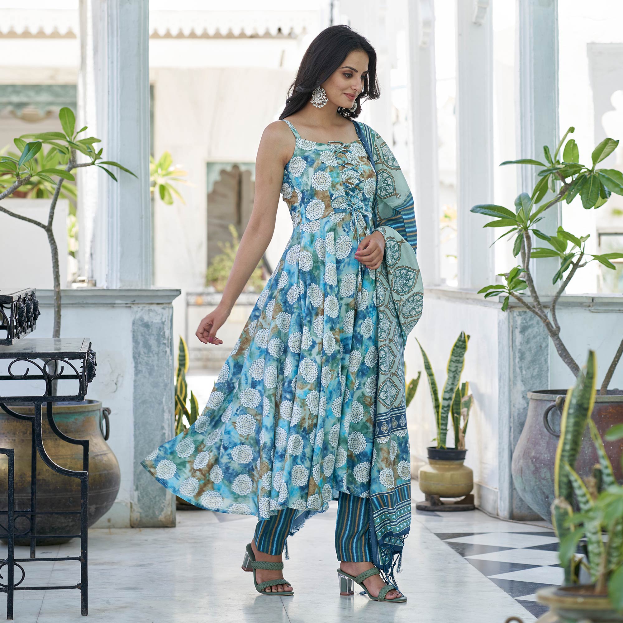 Blue Printed Anarkali Style Chanderi Suit