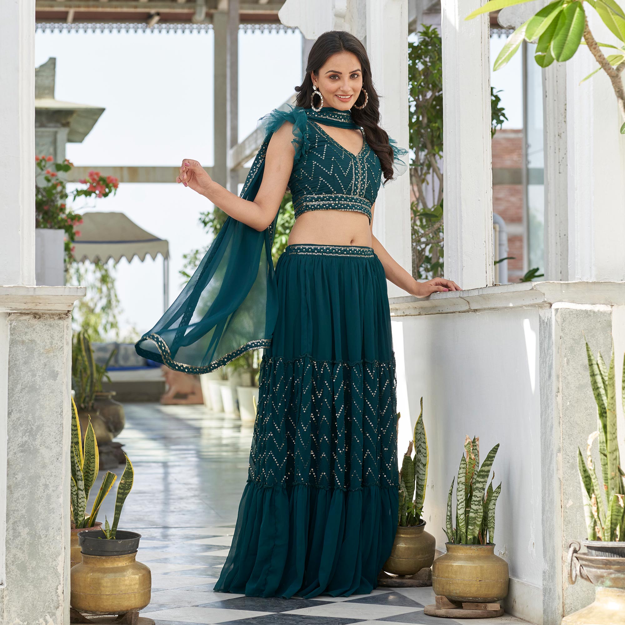 Sea Green Embroidered Georgette Lehenga Choli