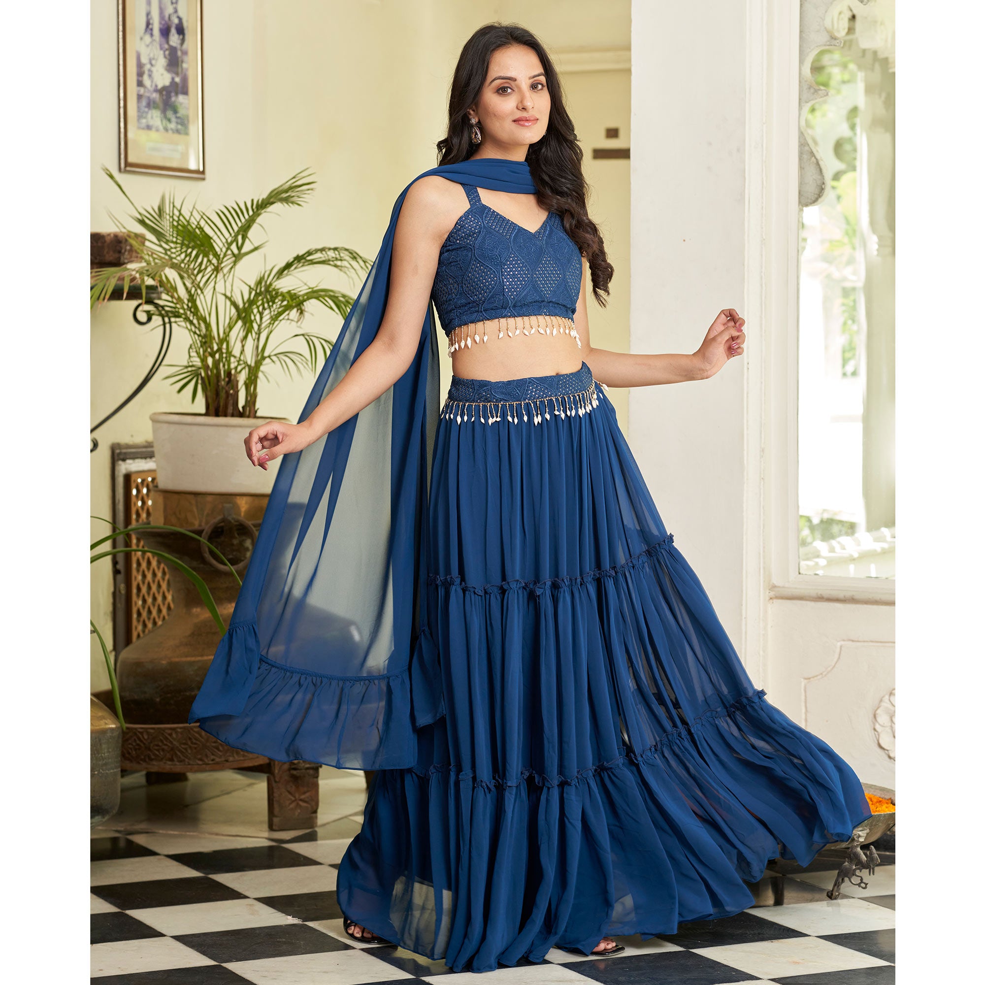 Blue Embroidered Georgette Lehenga Choli