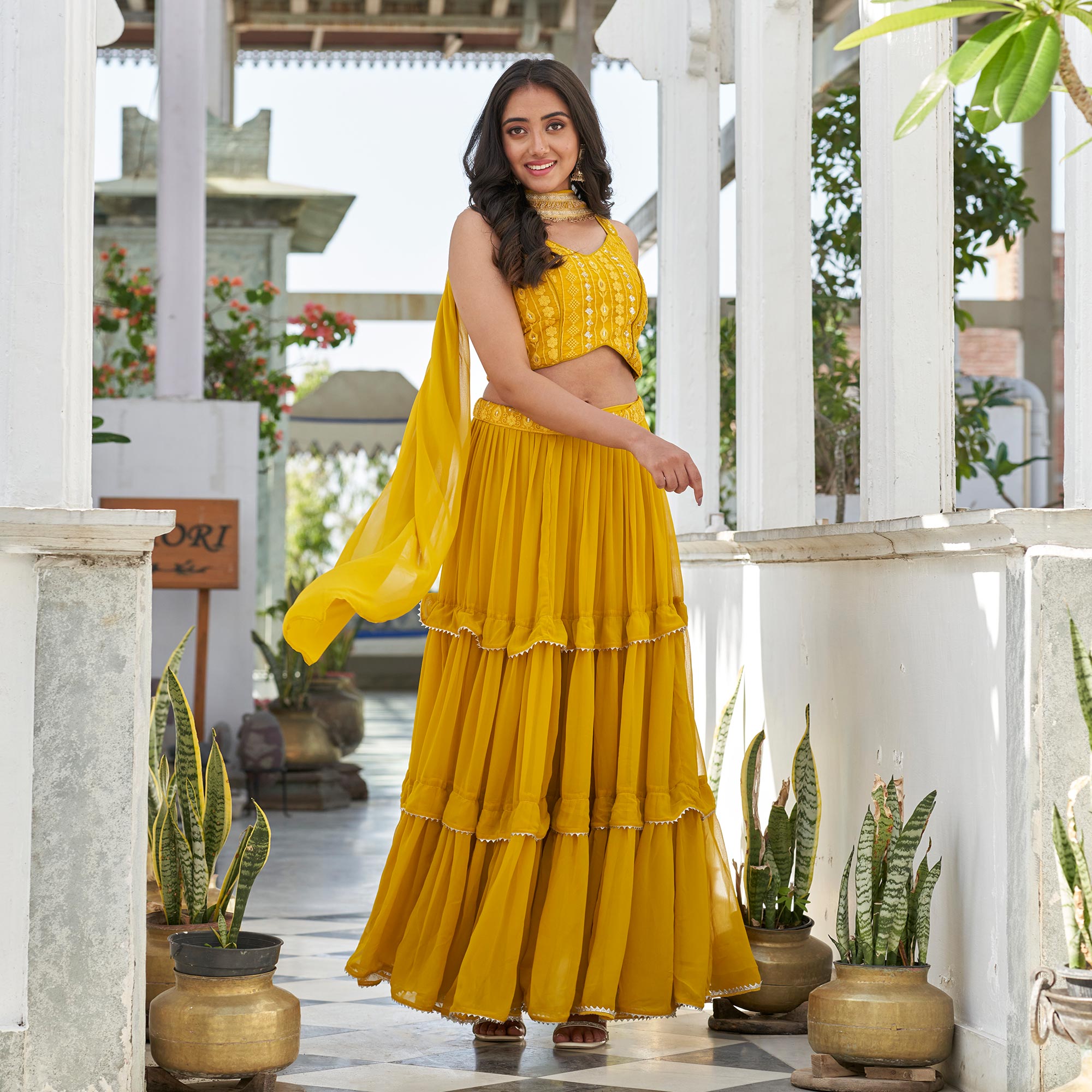 Yellow Embroidered Georgette Lehenga Choli