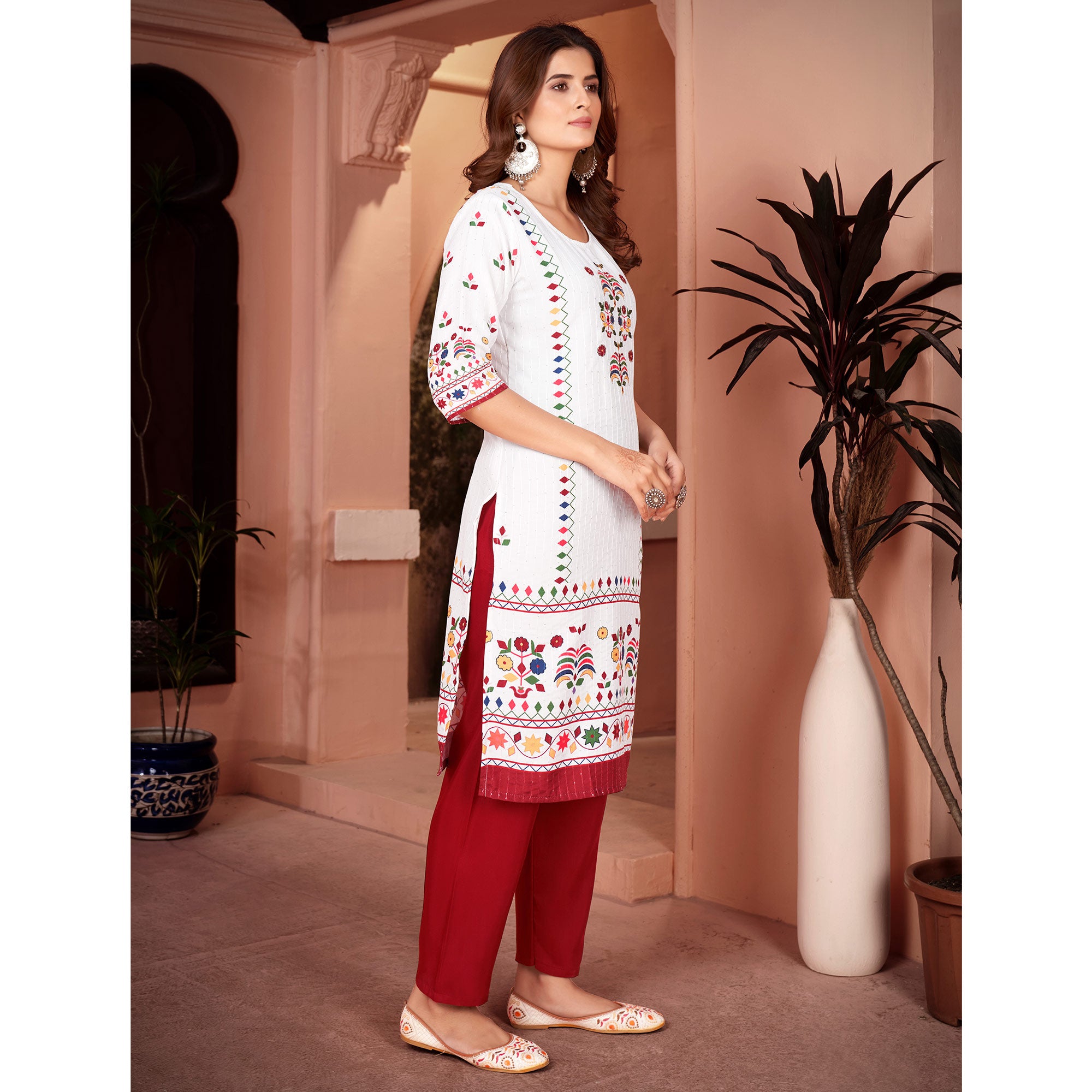 White & Maroon Embroidered With Printed Rayon Salwar Suit
