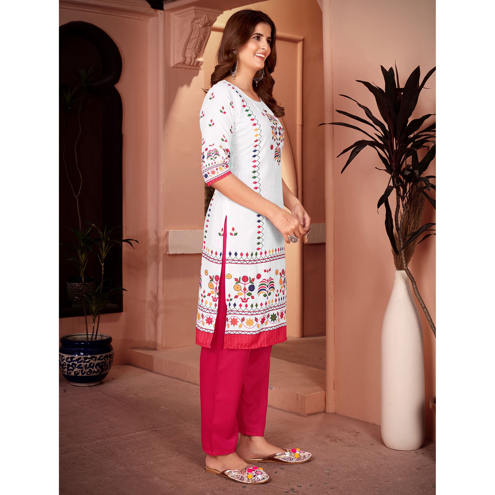 White & Pink Embroidered With Printed Rayon Salwar Suit
