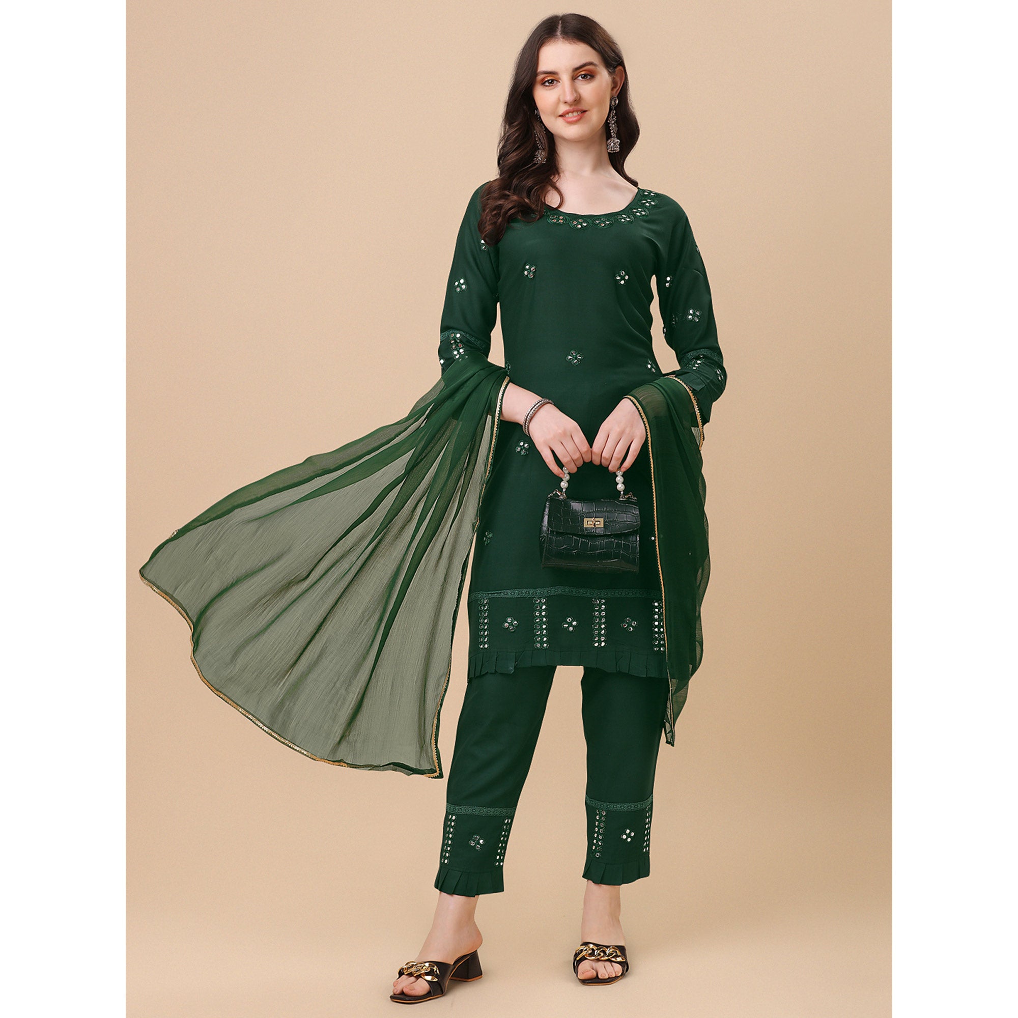 Green Embroidered Rayon Salwar Suit