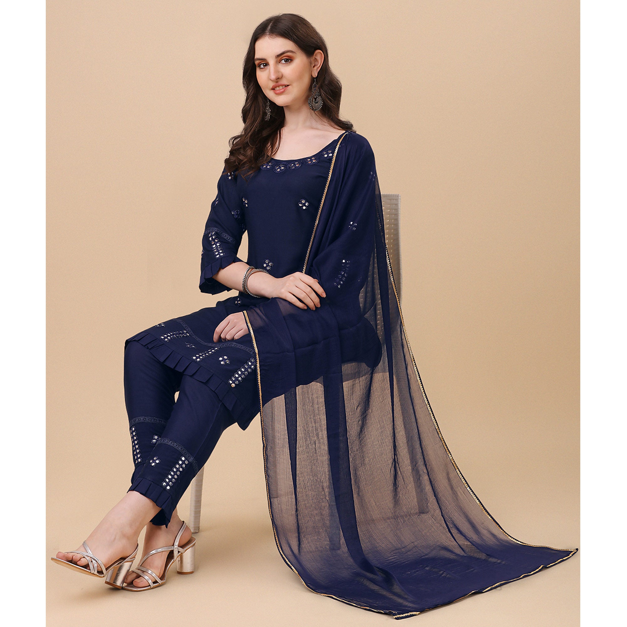 Navy Blue Embroidered Rayon Salwar Suit