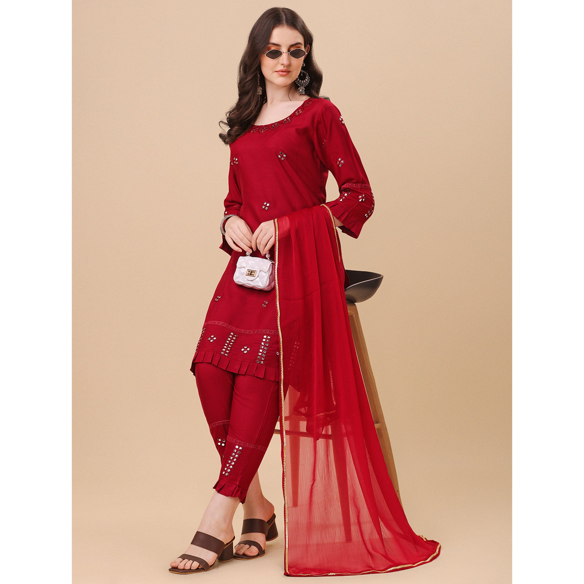 Red Embroidered Rayon Salwar Suit