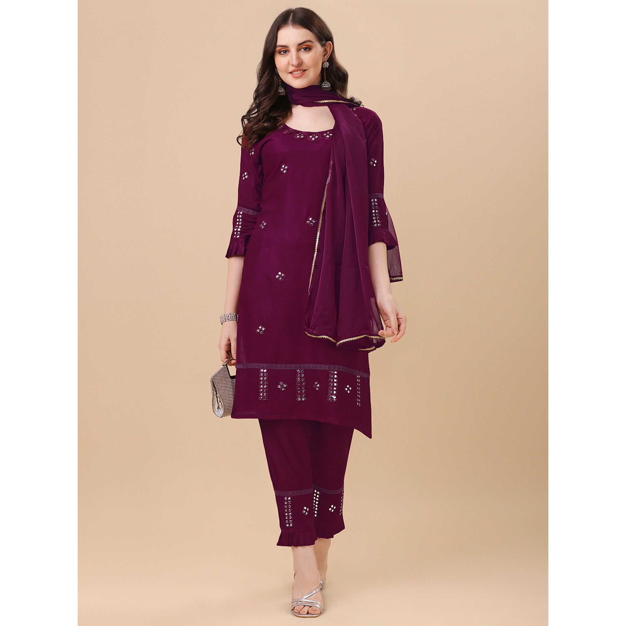 Wine Embroidered Rayon Salwar Suit