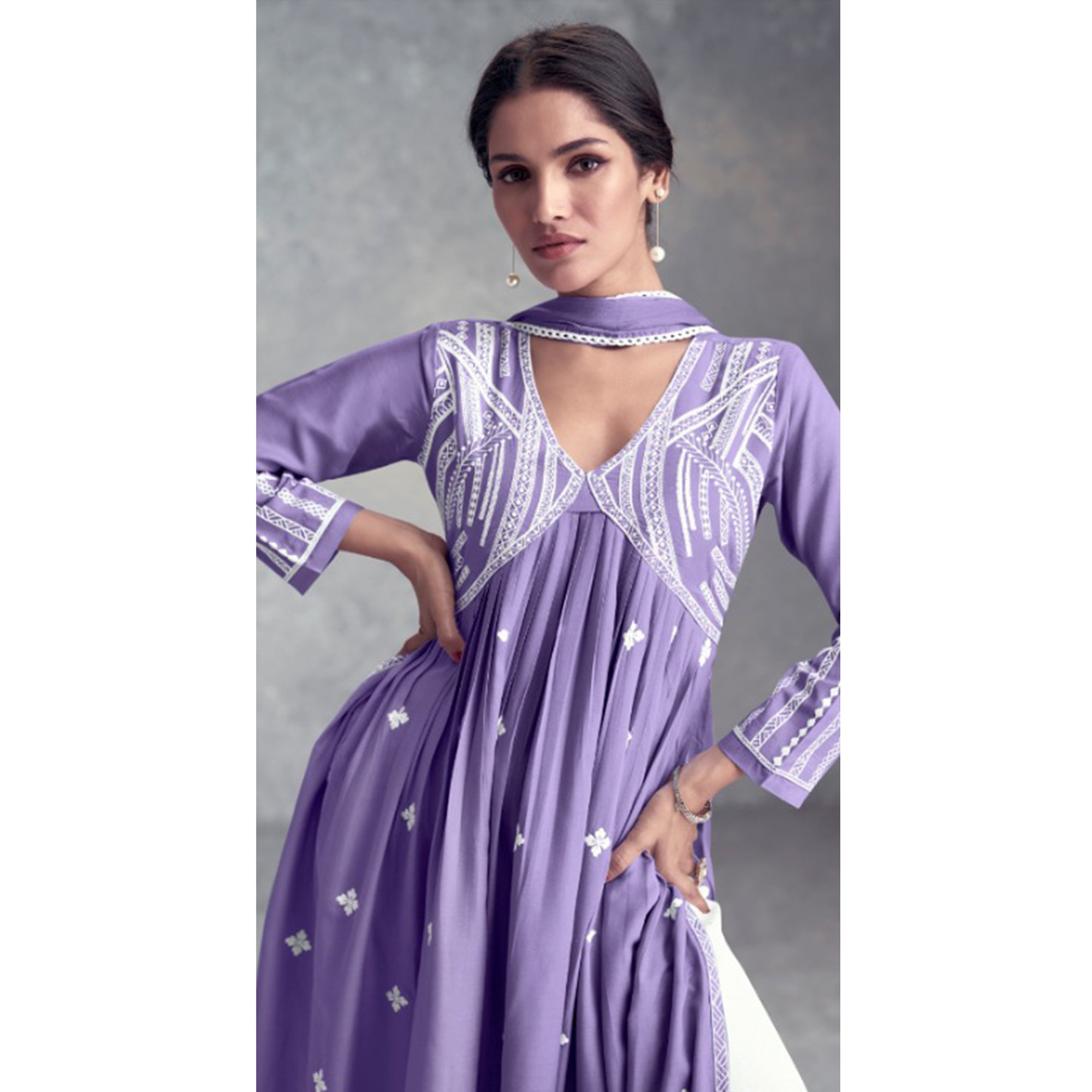 Light Purple Lucknowi Embroidered Rayon Naira Cut Suit