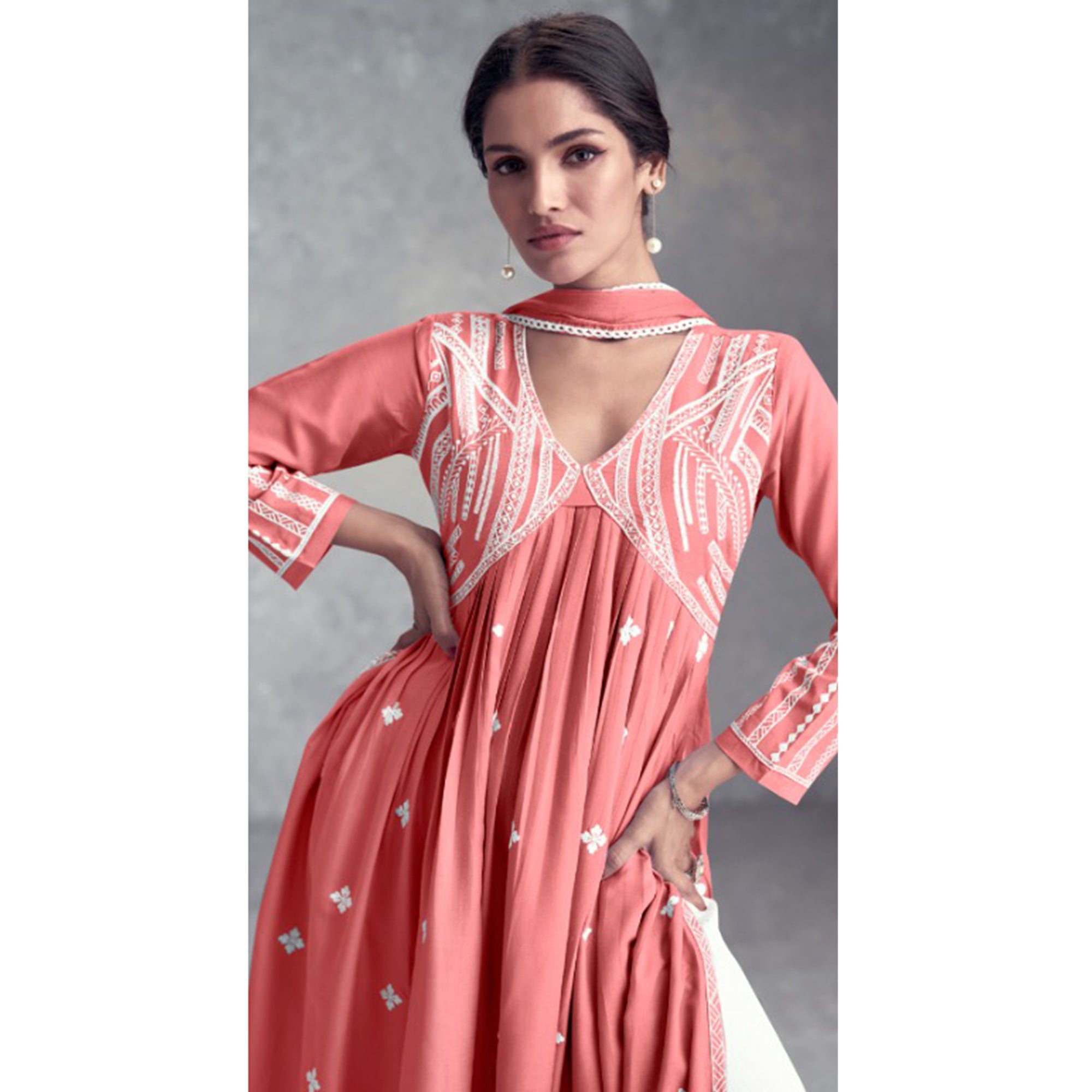 Peach Lucknowi Embroidered Rayon Naira Cut Suit