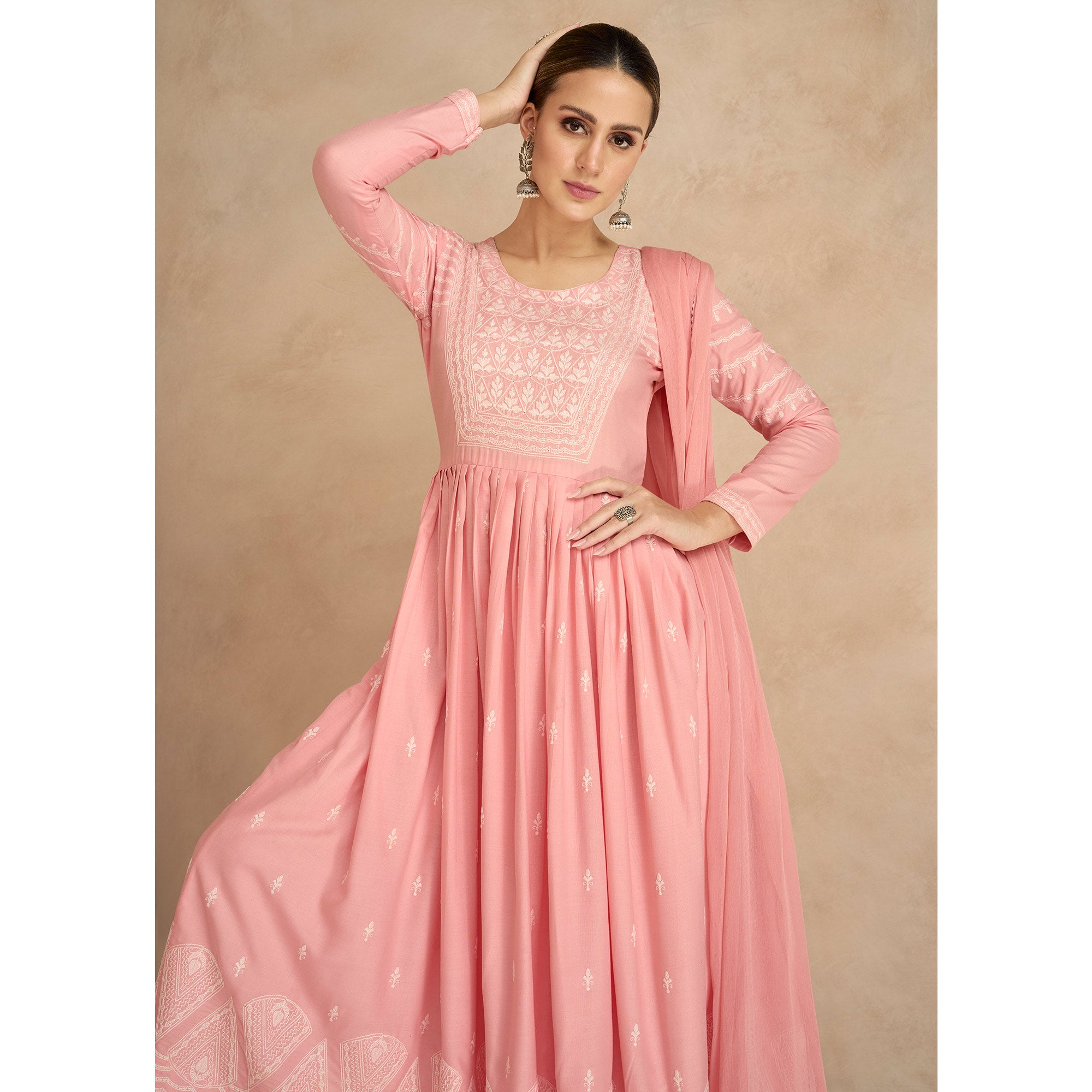 Pink Floral Embroidered Rayon Palazzo Suit