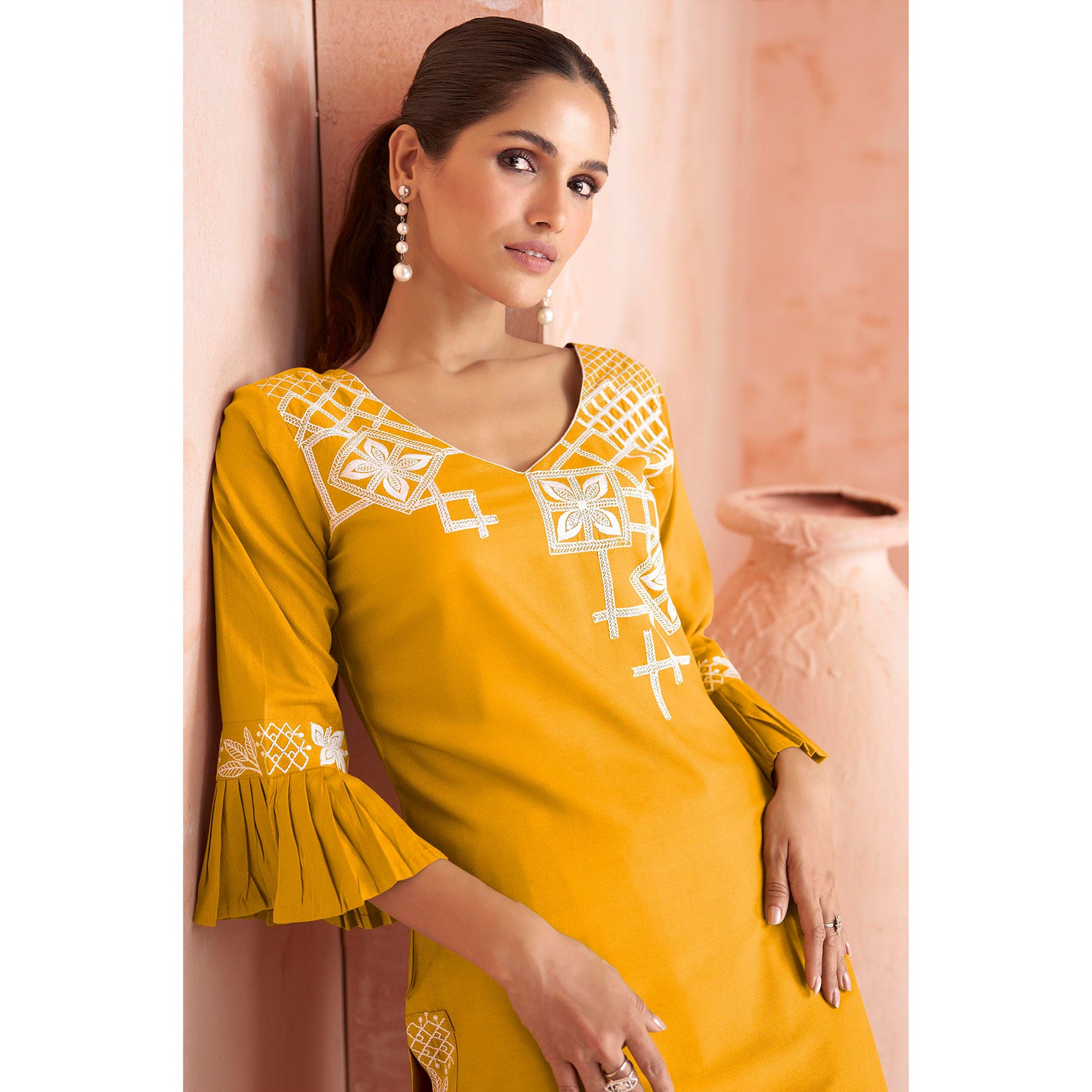 Mustard Floral Embroidered Rayon Kurti Palazzo Suit