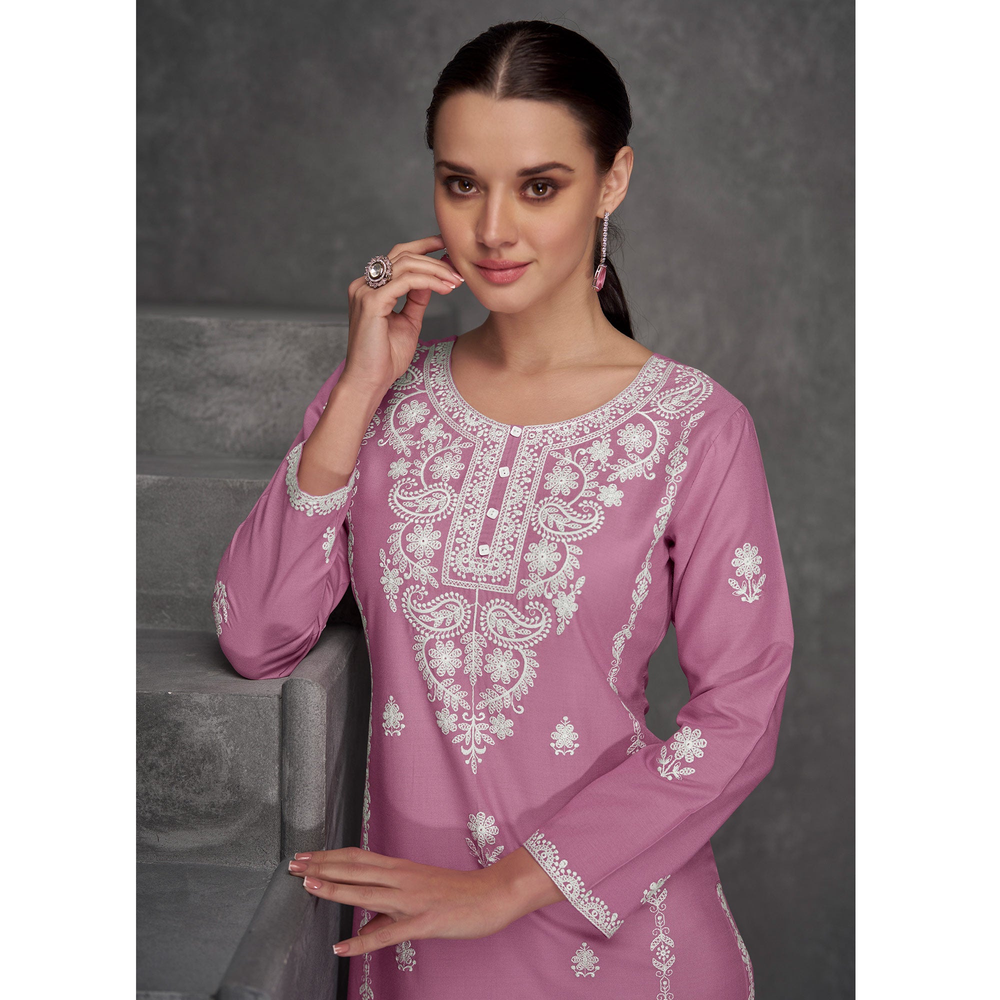 Pink Floral Embroidered Rayon Straight Kurti