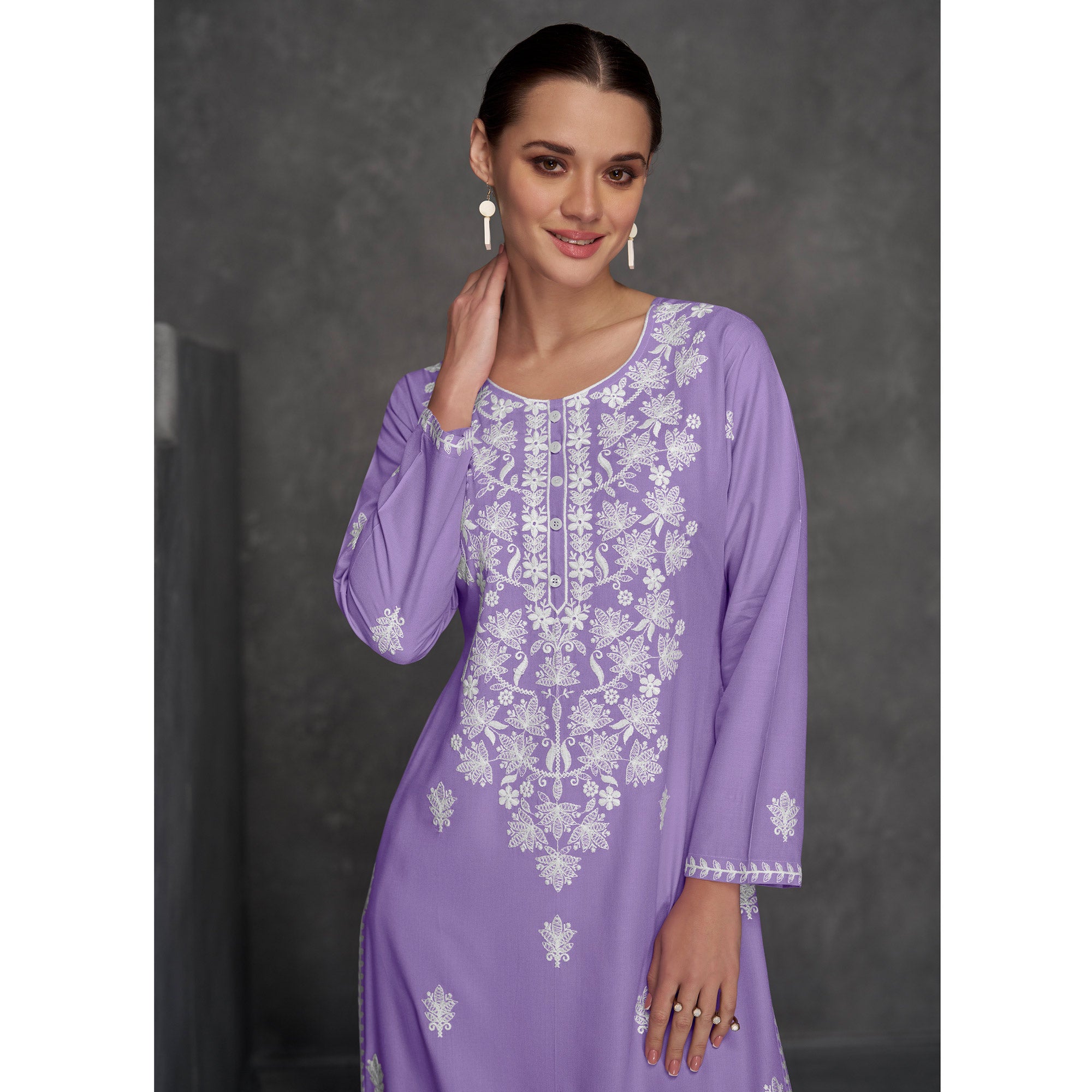 Lavender Floral Embroidered Rayon Straight Kurti