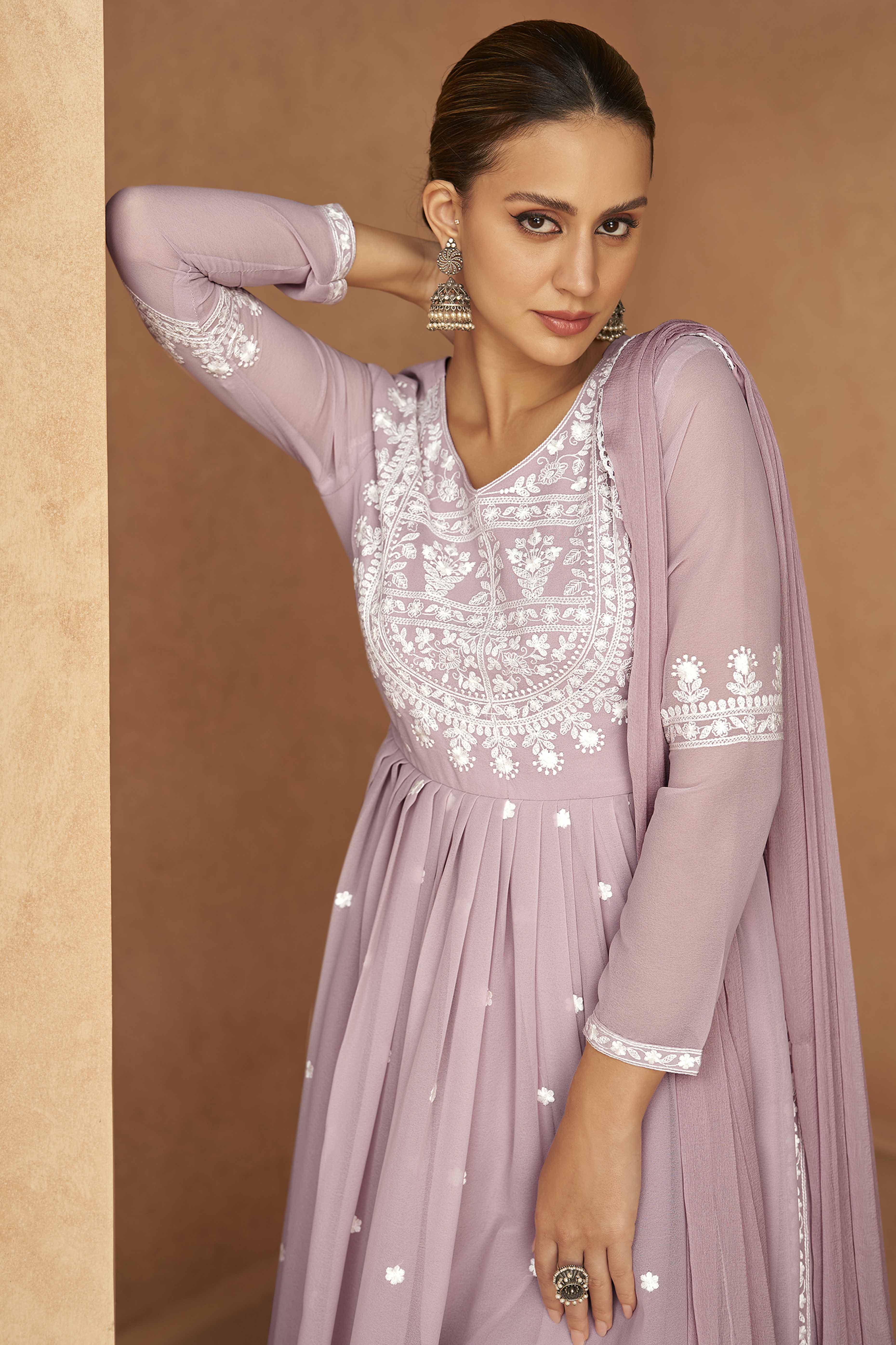 Lavender Rayon Palazzo Suit with Intricate Lucknowi Work