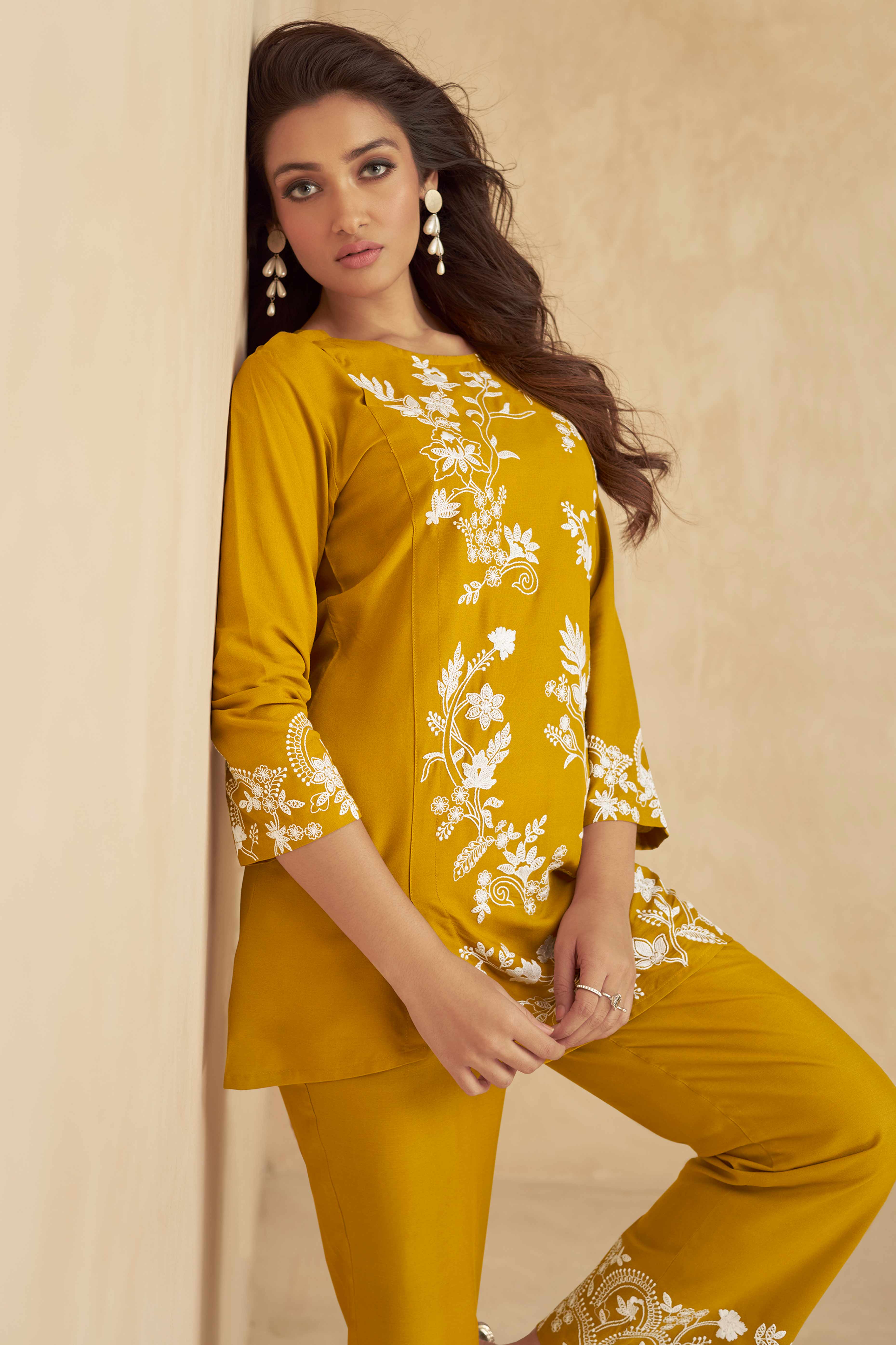 Floral Embroidered Mustard Rayon Co-Ord Set for Effortless Style