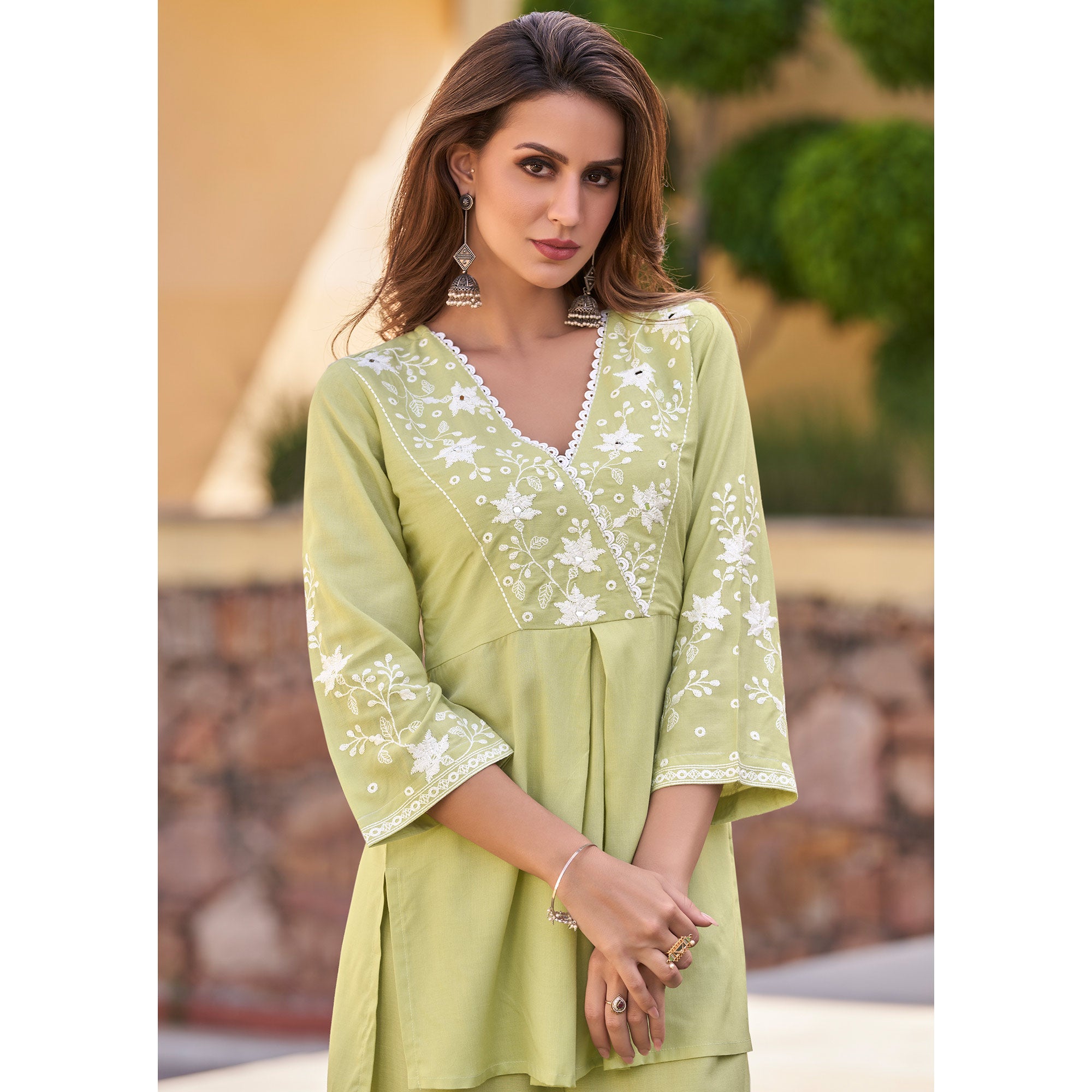 Pista Green Floral Embroidered Rayon Co Ord Set
