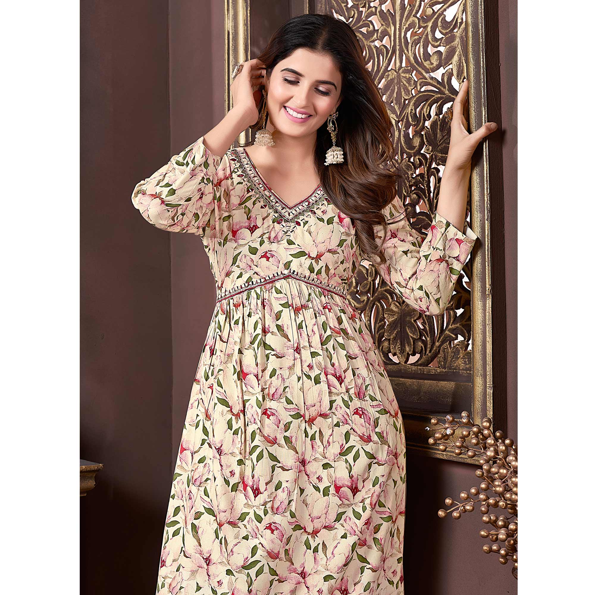 Beige & Green Floral Printed Rayon Alia Cut Salwar Suit
