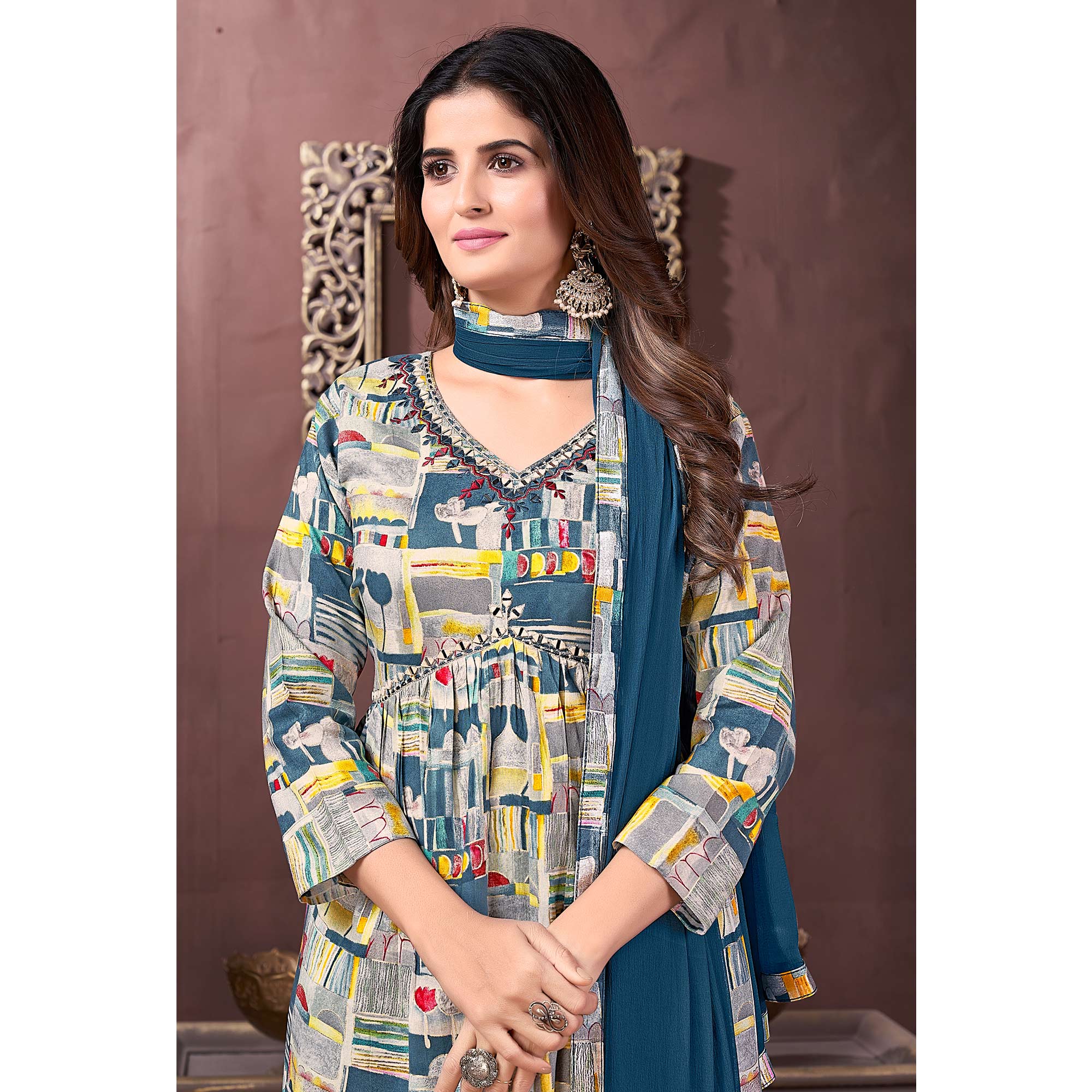 Grey & Teal Floral Printed Rayon Alia Cut Salwar Suit