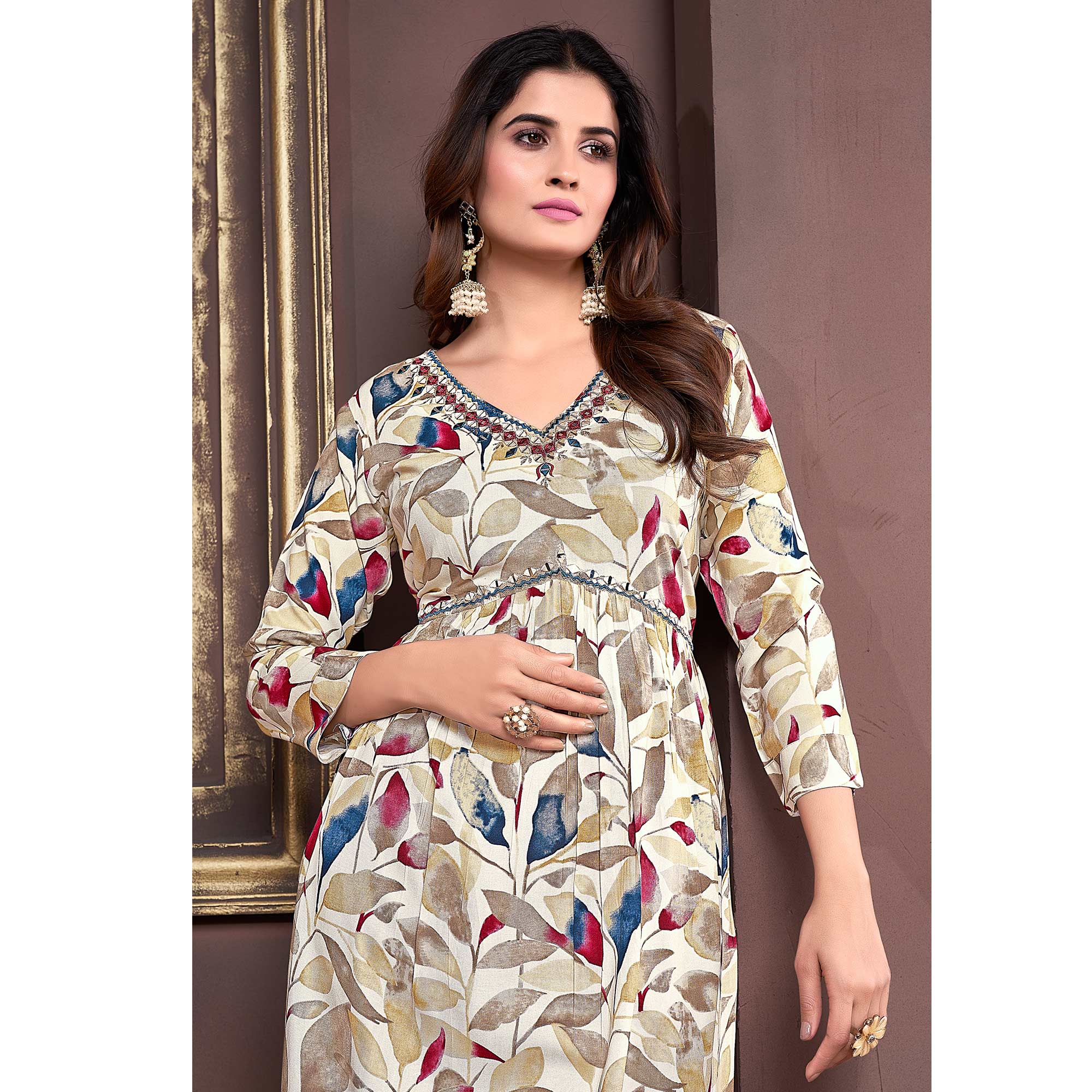 Beige & Maroon Floral Printed Rayon Alia Cut Salwar Suit