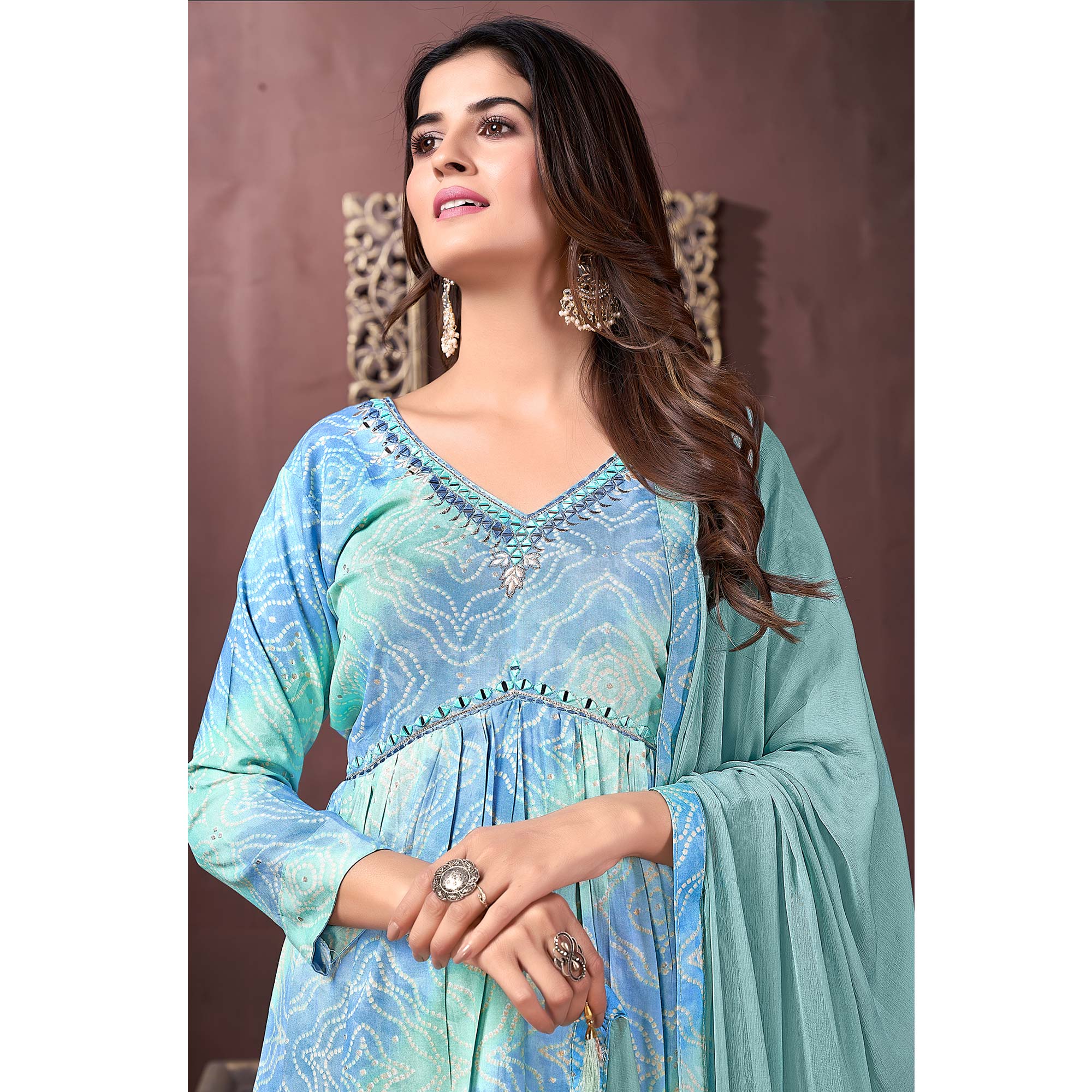 Turquoise & Blue Floral Printed Rayon Alia Cut Salwar Suit