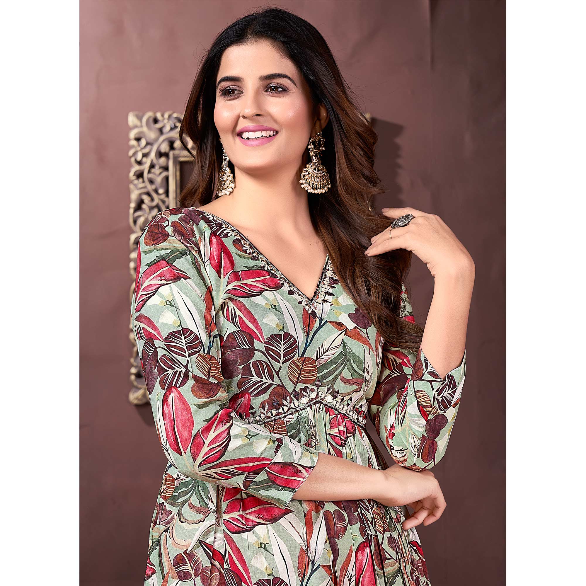 Dusty Green Floral Printed Rayon Alia Cut Salwar Suit