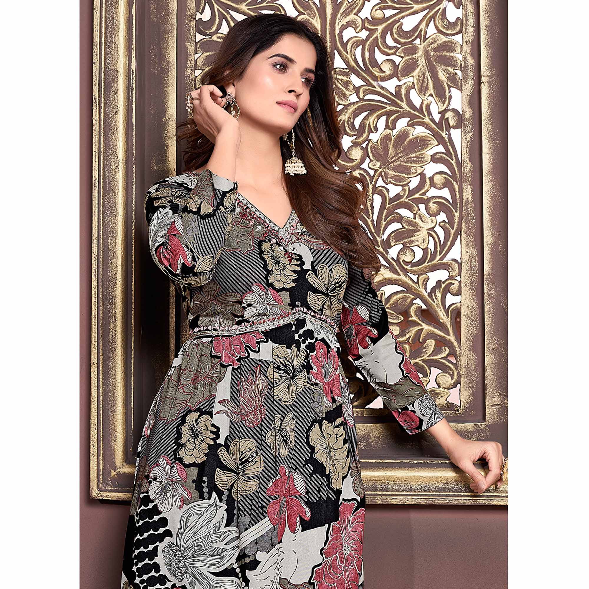 Black Floral Printed Rayon Alia Cut Salwar Suit