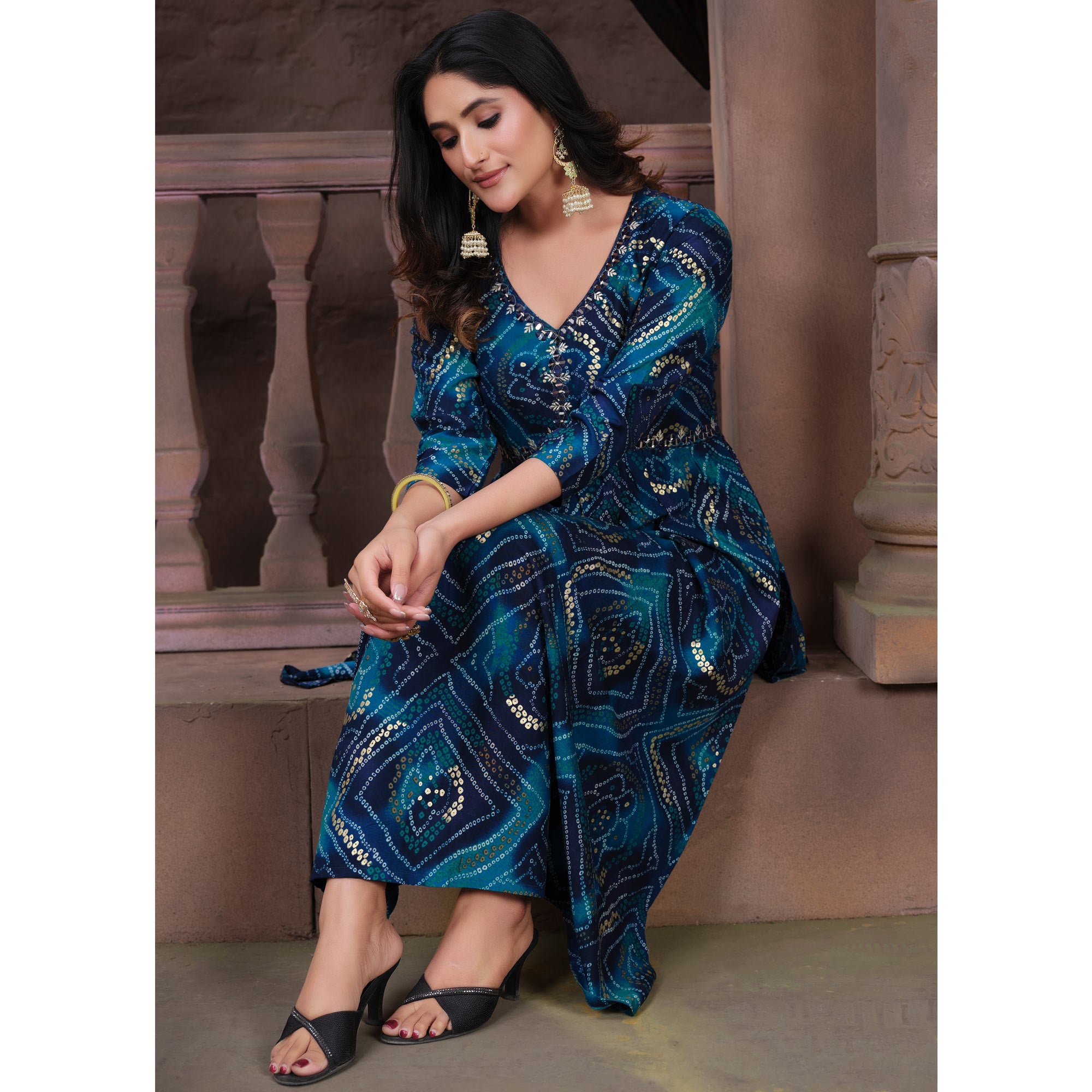 Blue Floral Printed Rayon Alia Cut Salwar Suit