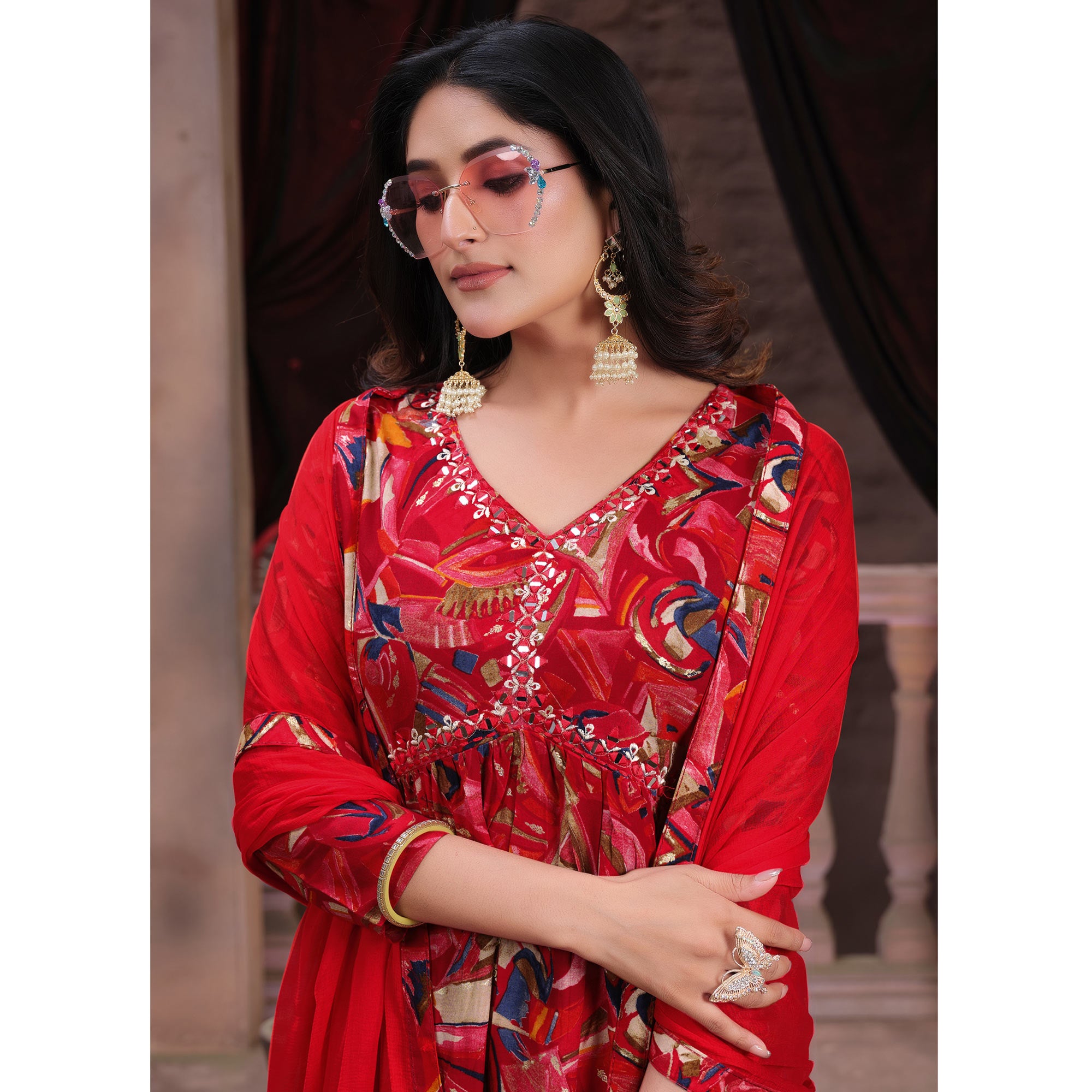 Red Floral Printed Rayon Alia Cut Salwar Suit