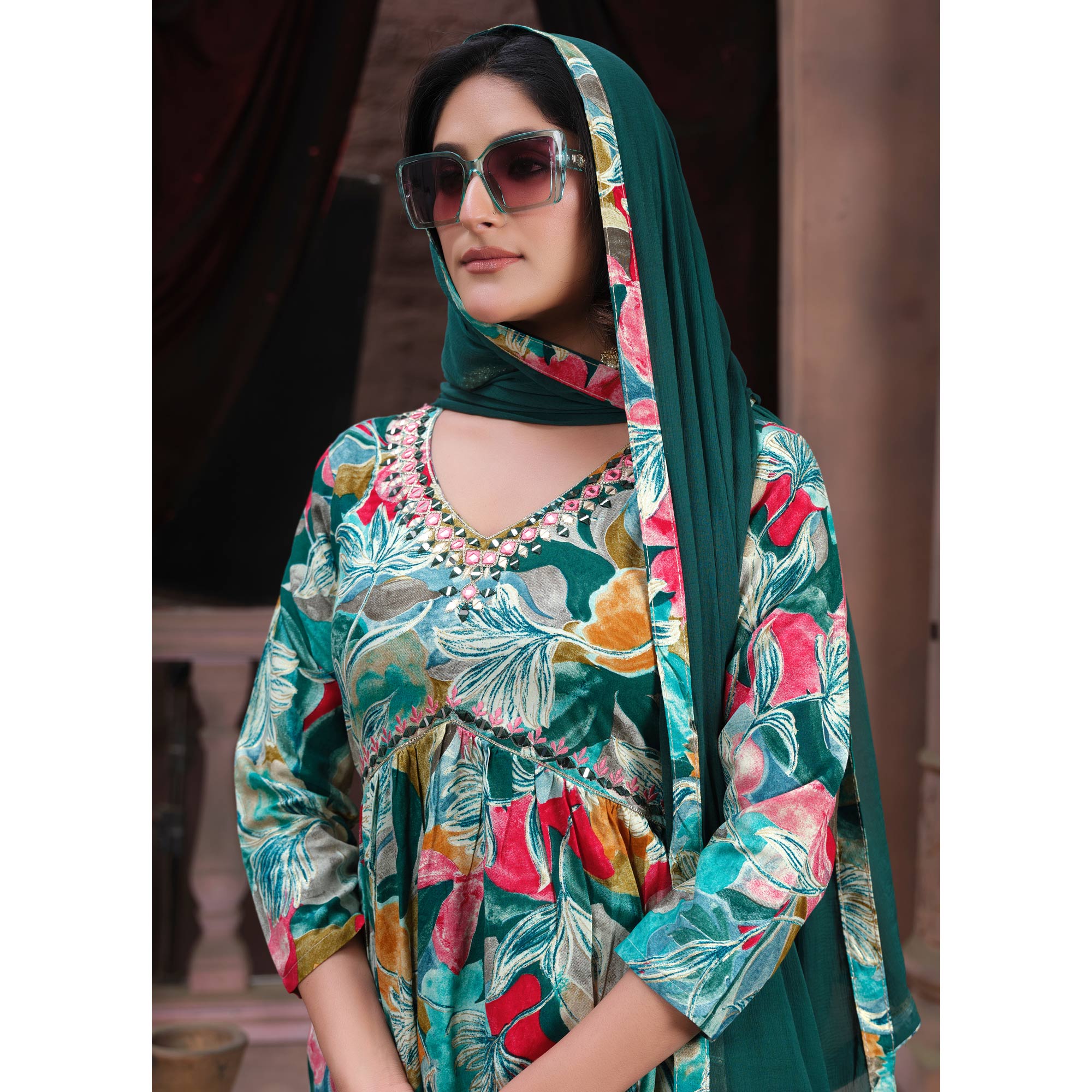 Green Floral Printed Rayon Alia Cut Salwar Suit