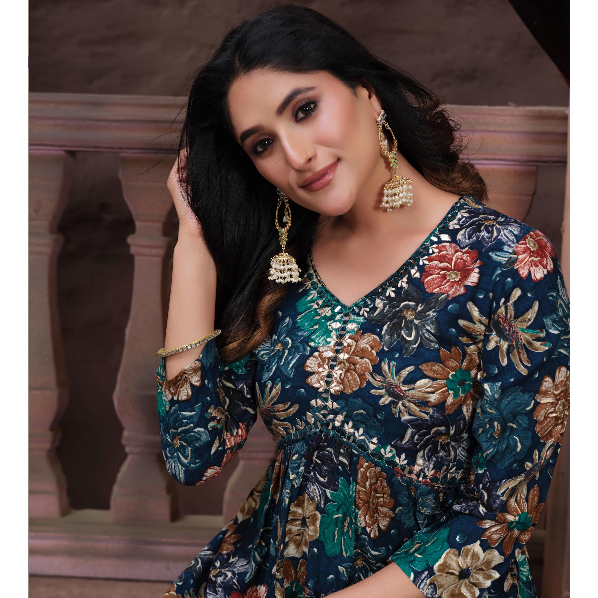 Navy Blue Floral Printed Rayon Alia Cut Salwar Suit