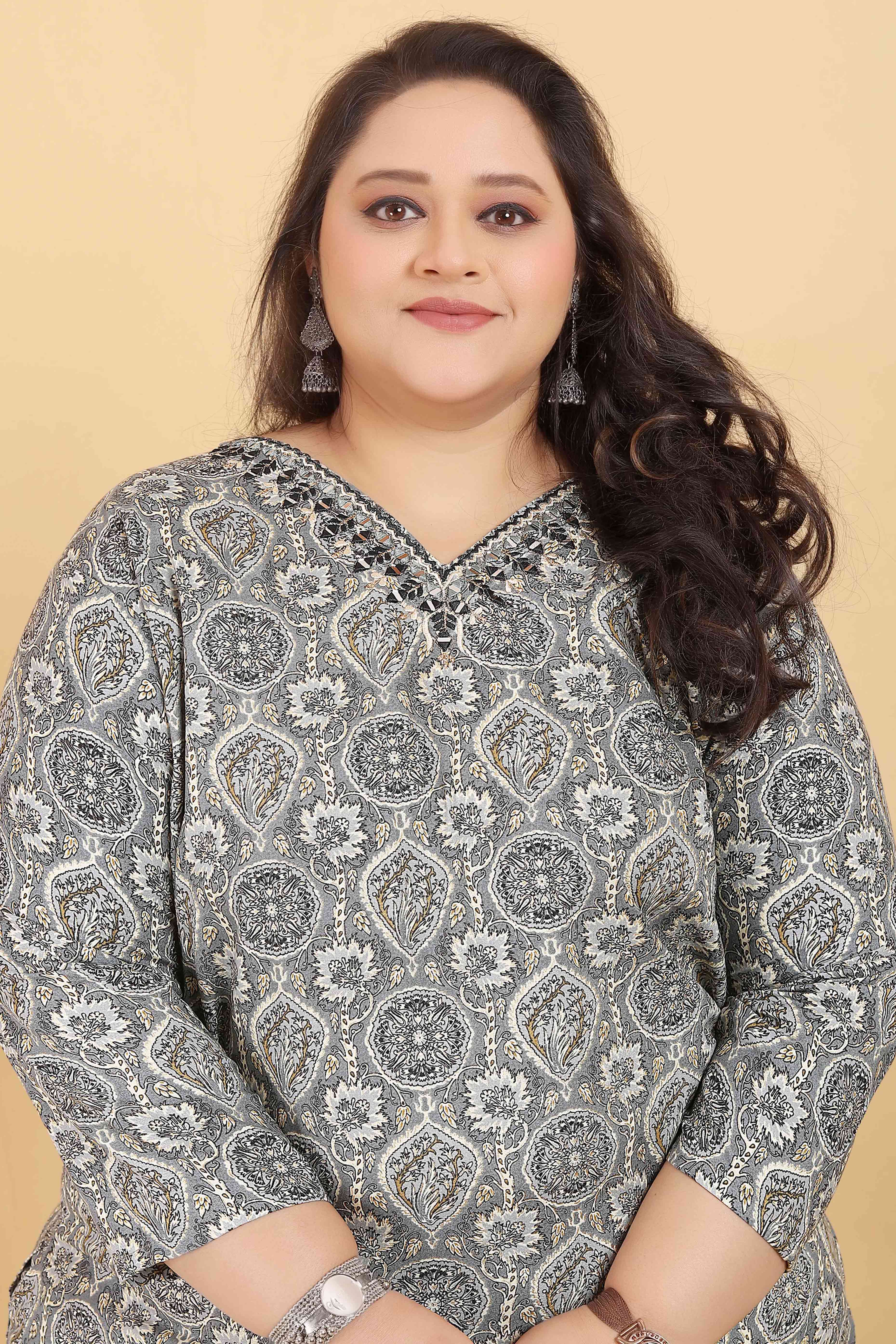 Grey Rayon Straight Salwar Suit Set with Delicate Floral Prints & Side Pockets