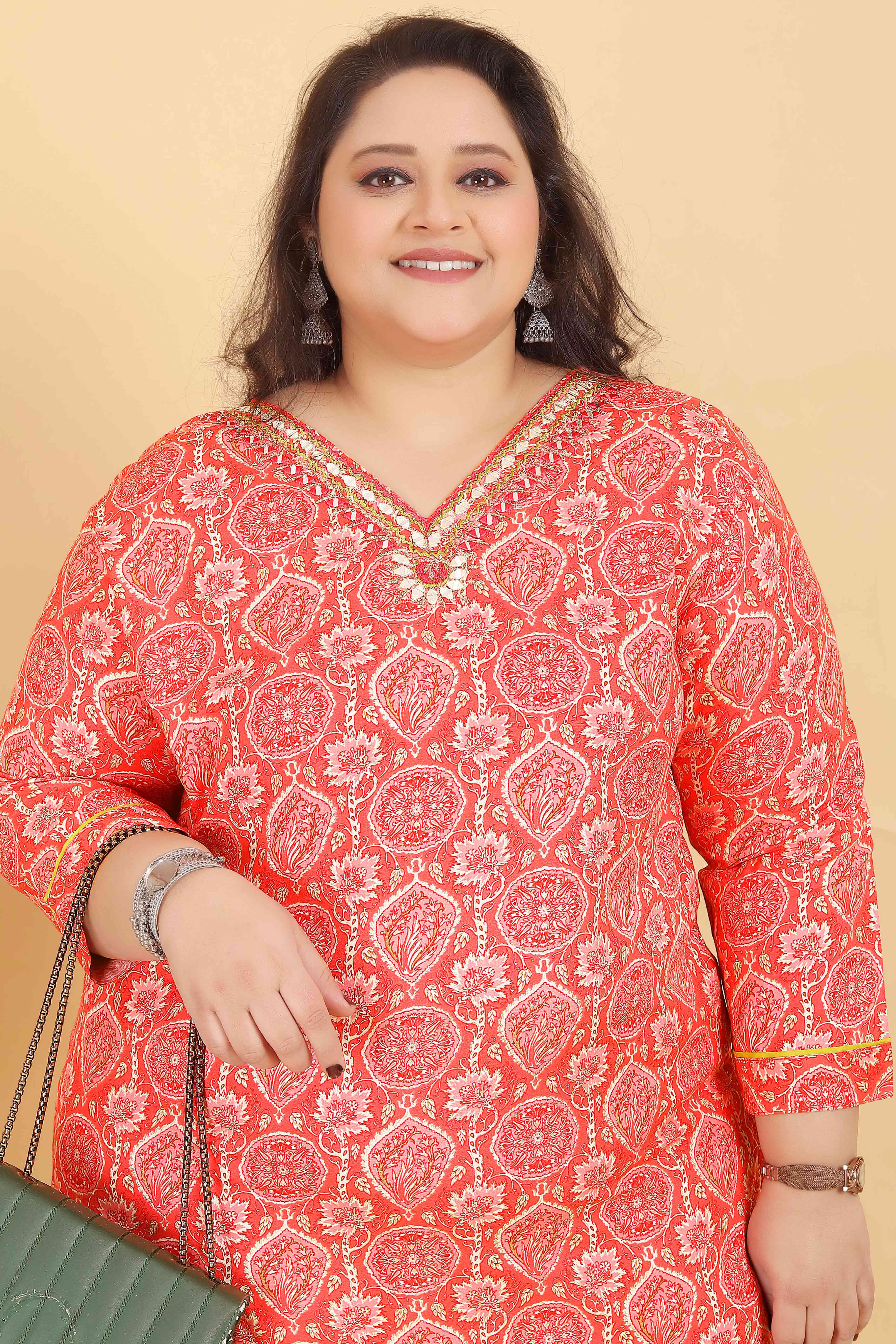 Orange Rayon Straight Salwar Suit Set with Delicate Floral Prints & Side Pockets