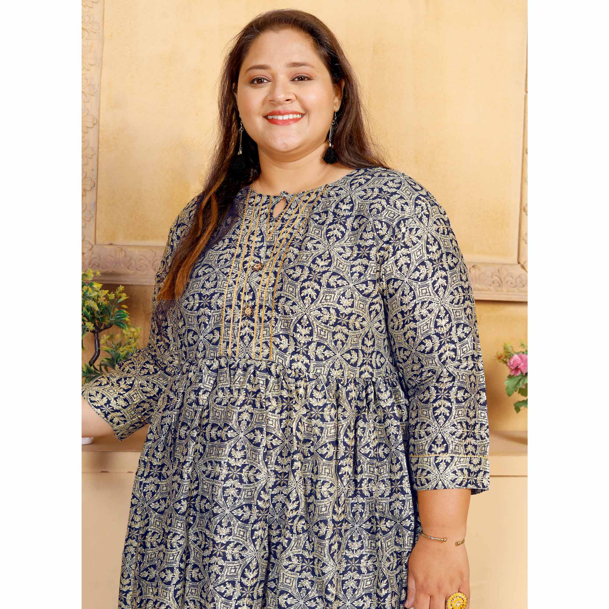 Blue Floral Printed Rayon Long Kurti